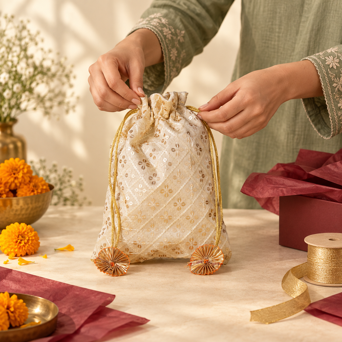 Hands preparing a cream embroidered potli gift