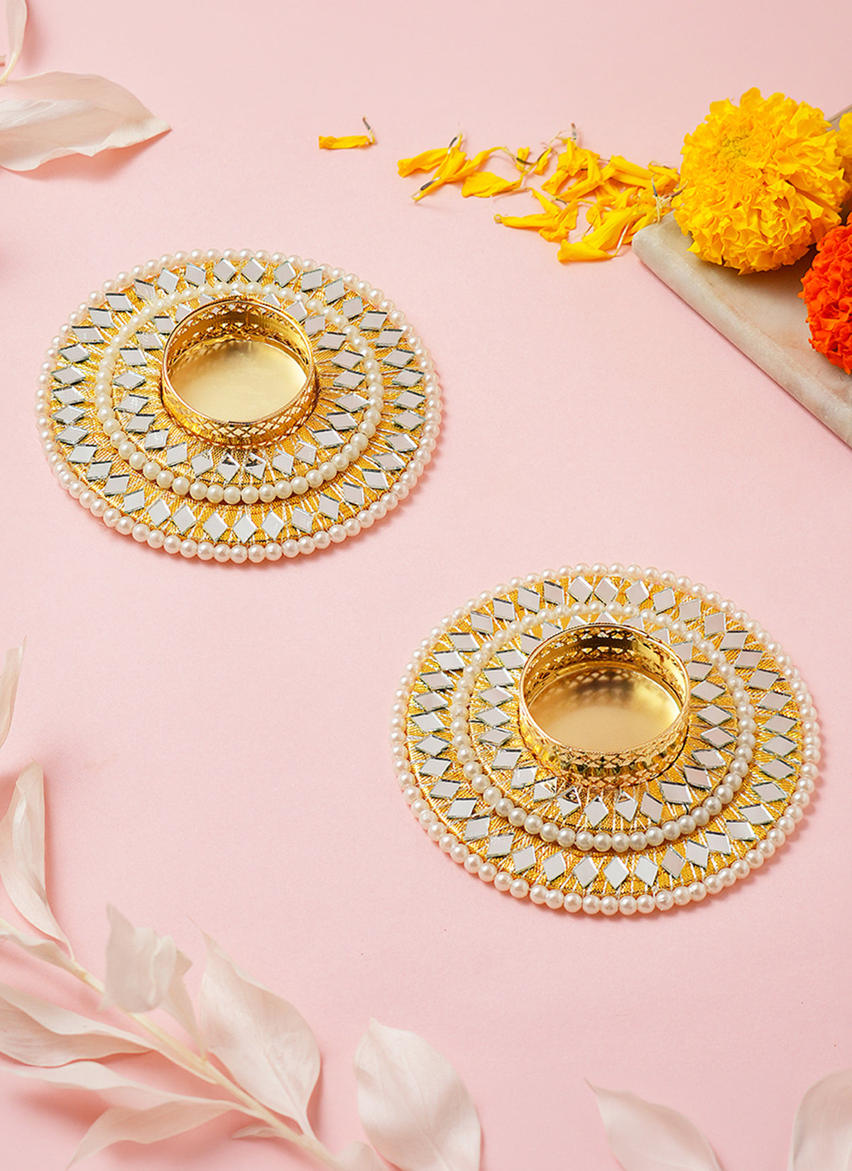 Madhoor Bead Tealight Holder Gold-Tone Set of 2