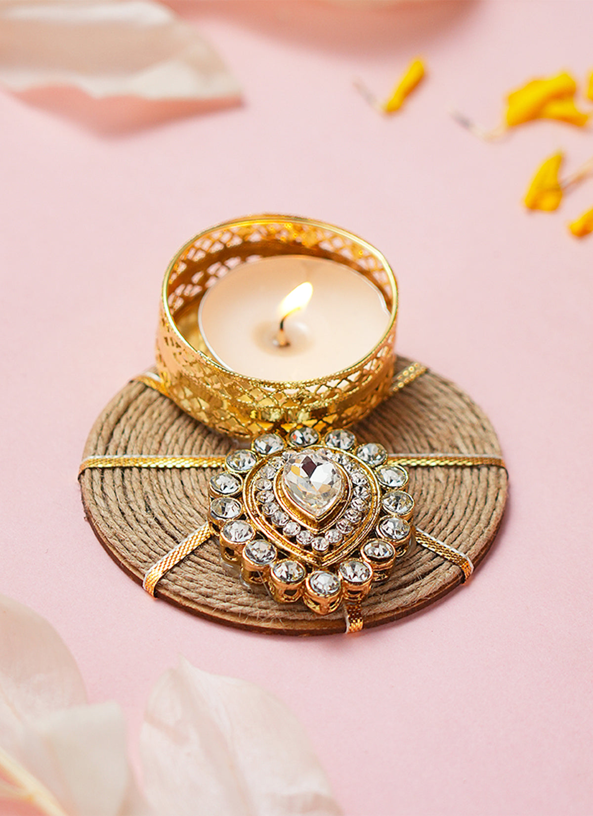 Madhoor Crystal Jute Tealight Holder White Brown 1 Piece