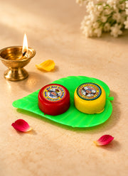 Madhoor Kumkum & Haldi Pooja Set Green Red Yellow 2 x 3 Inches