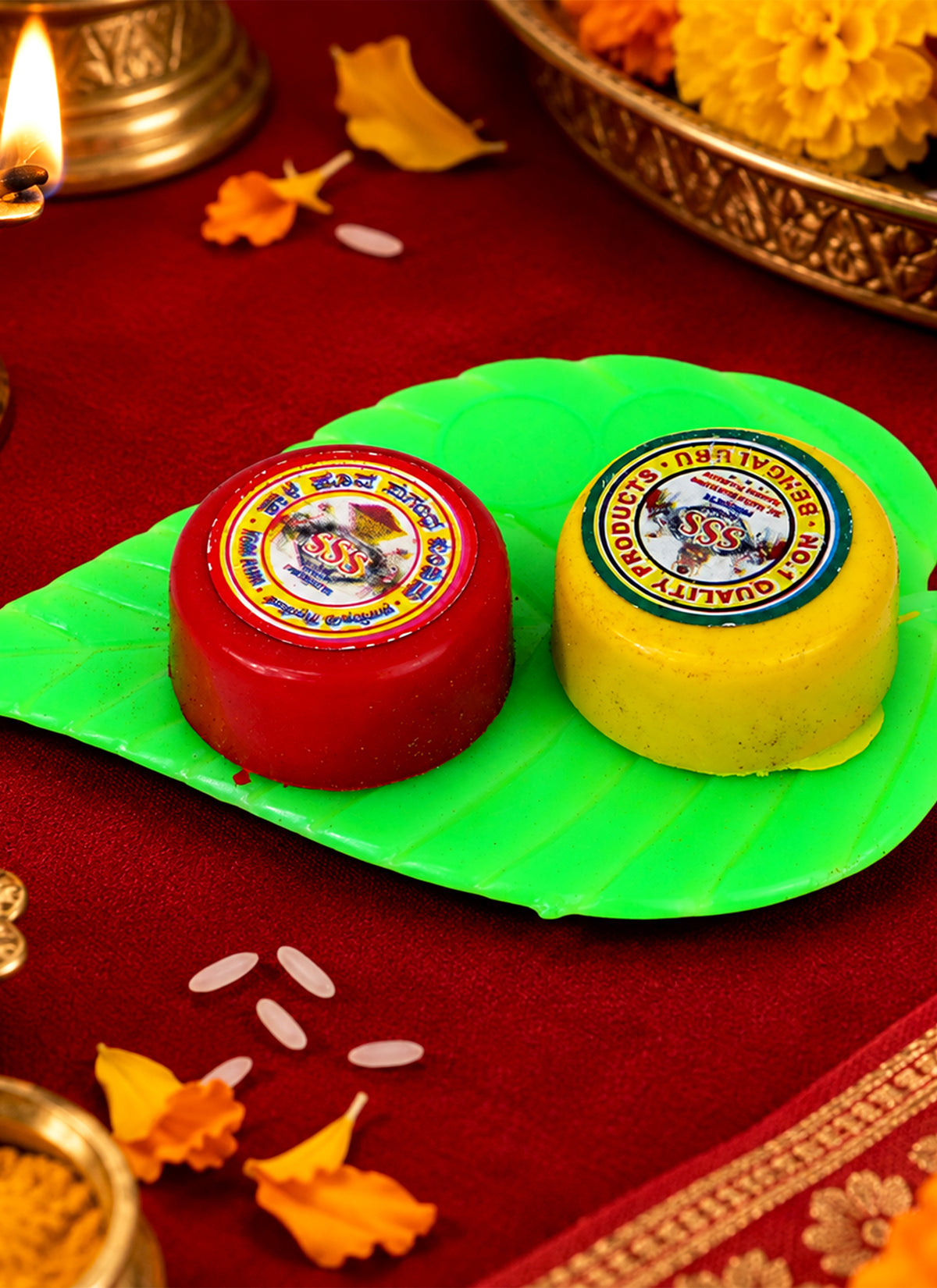 Madhoor Kumkum & Haldi Pooja Set Green Red Yellow 2 x 3 Inches
