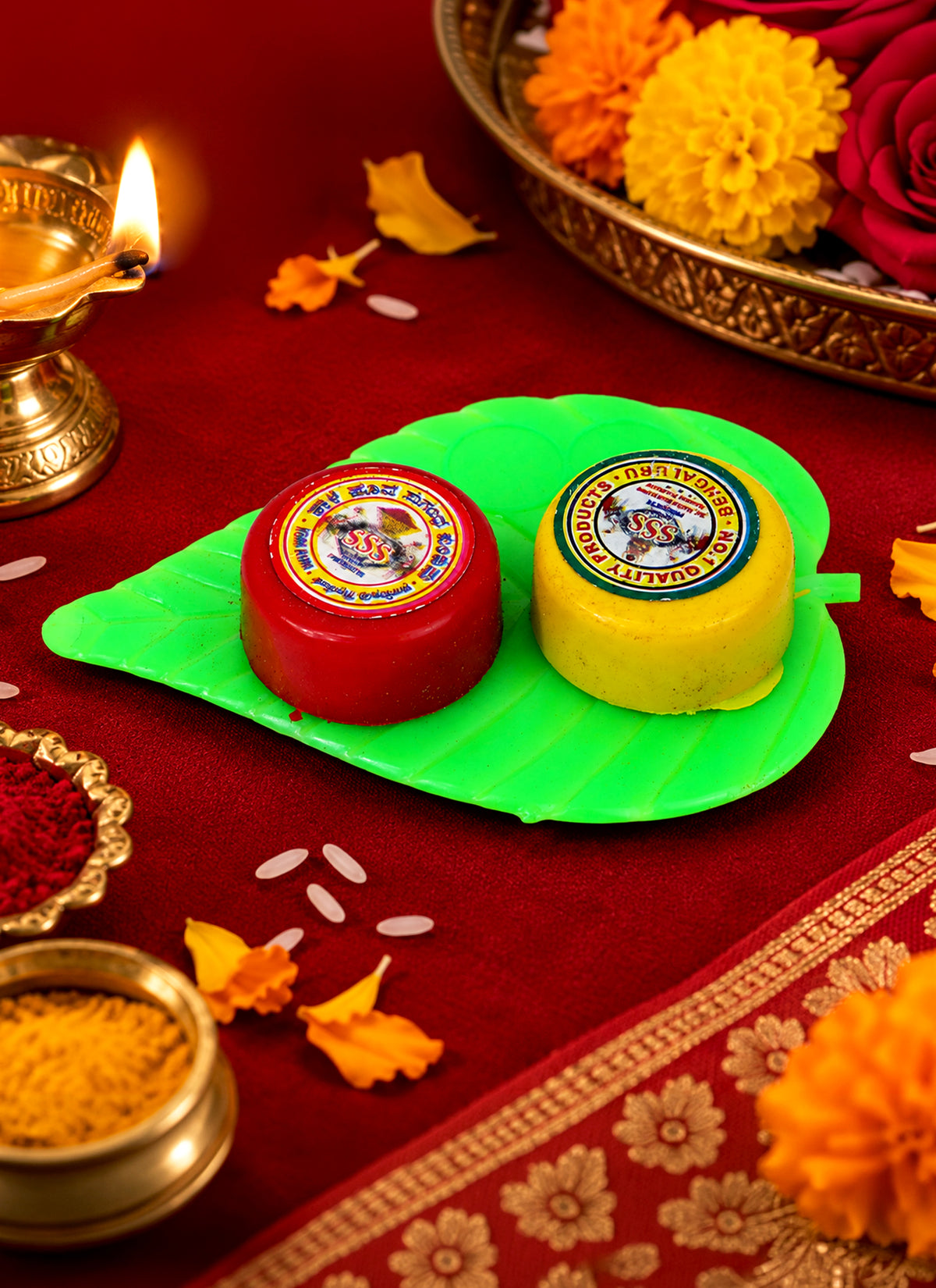 Madhoor Kumkum & Haldi Pooja Set Green Red Yellow 2 x 3 Inches