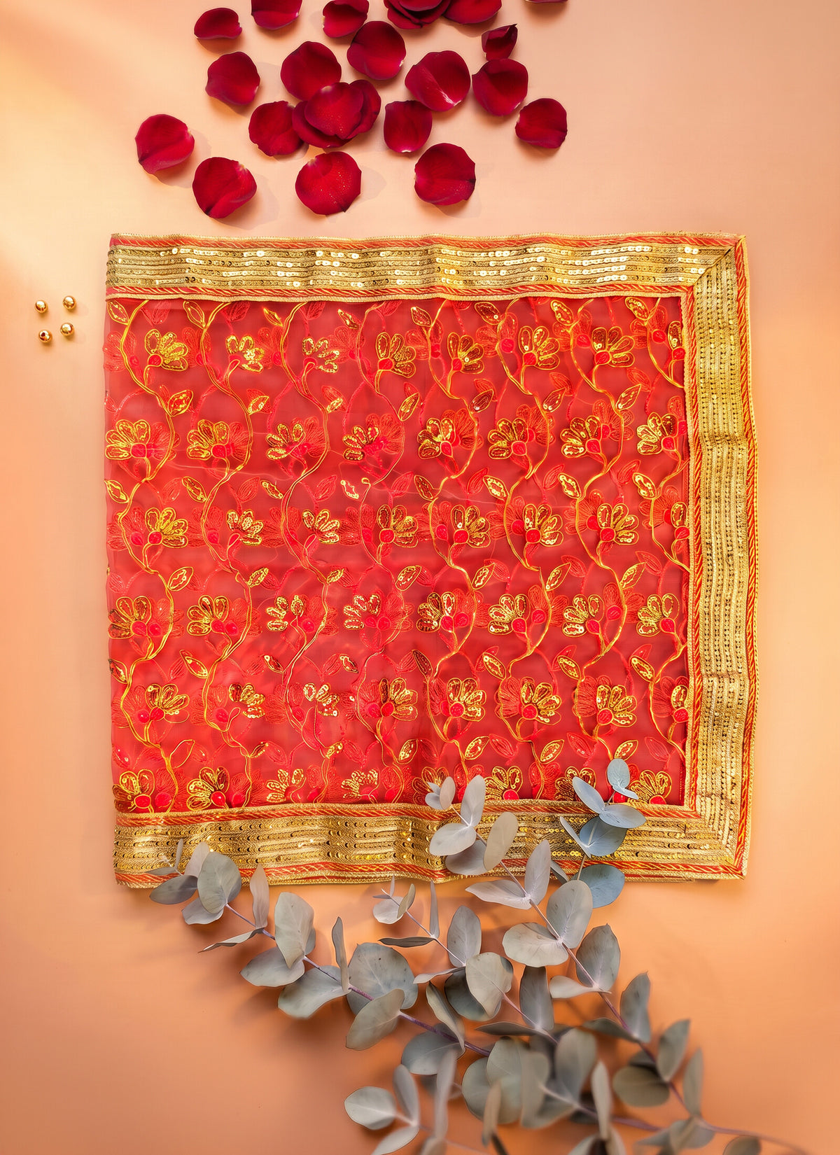 Madhoor Lace Deity Idol Chunri Gold-Tone Red 1m
