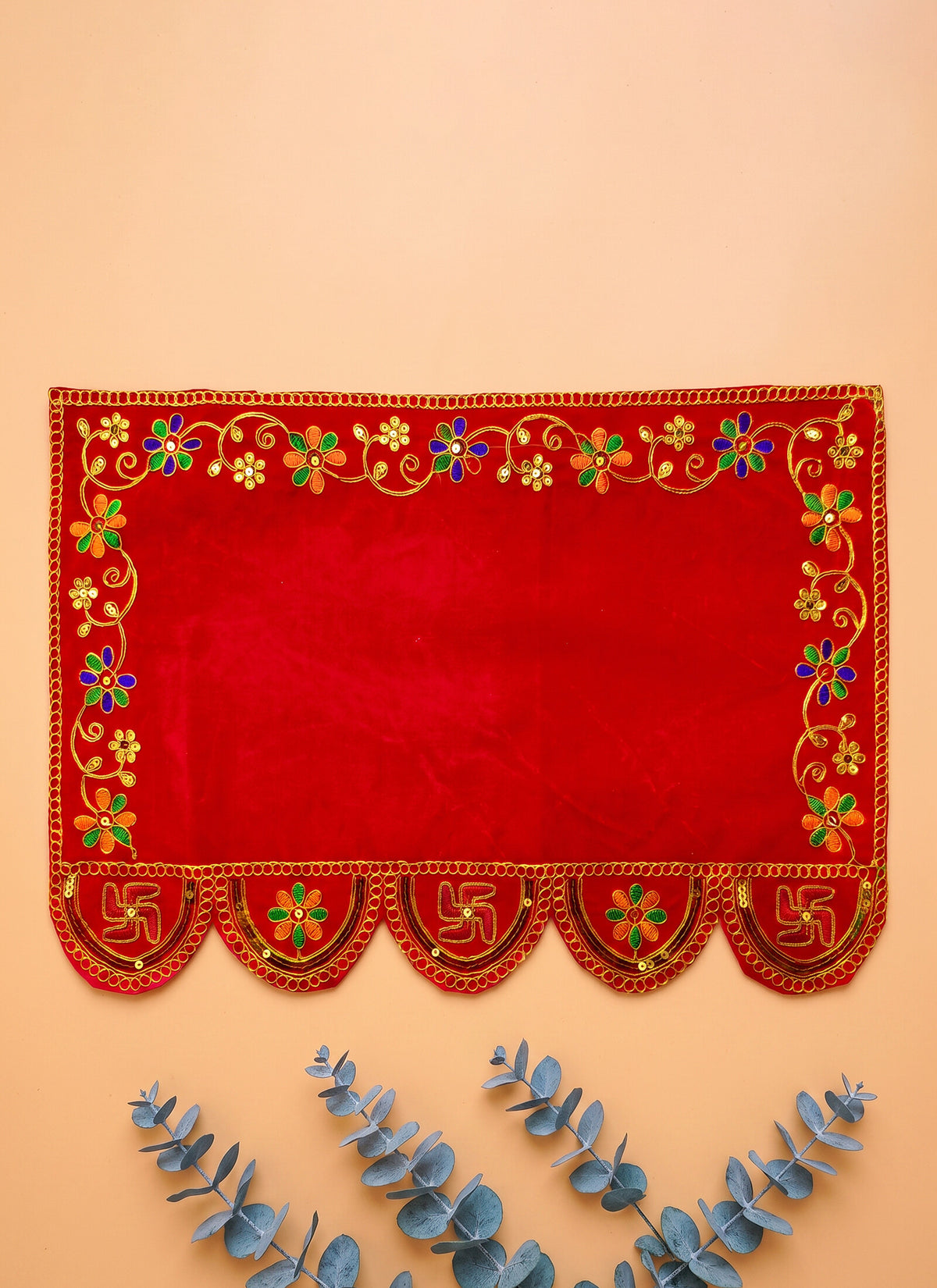 Madhoor Velvet Swastik Pooja Aasan Multicolour Red 12 x 18 Inches