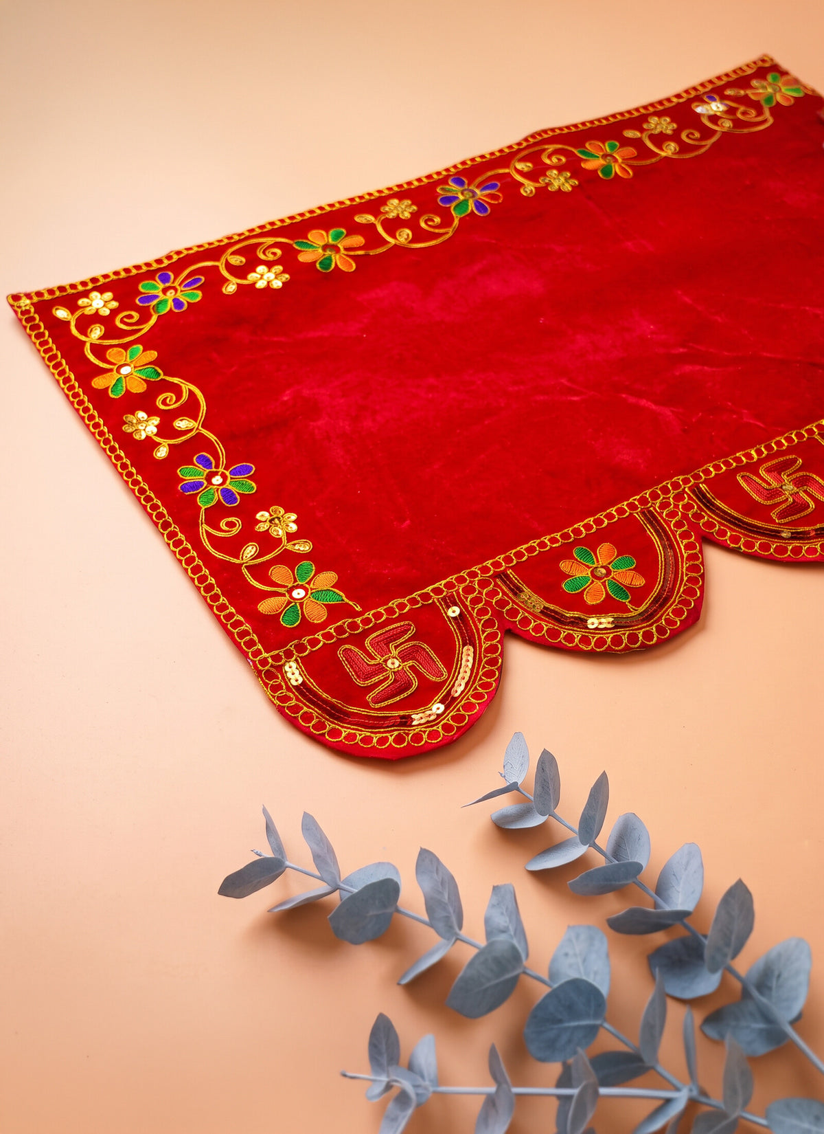 Madhoor Velvet Swastik Pooja Aasan Multicolour Red 12 x 18 Inches