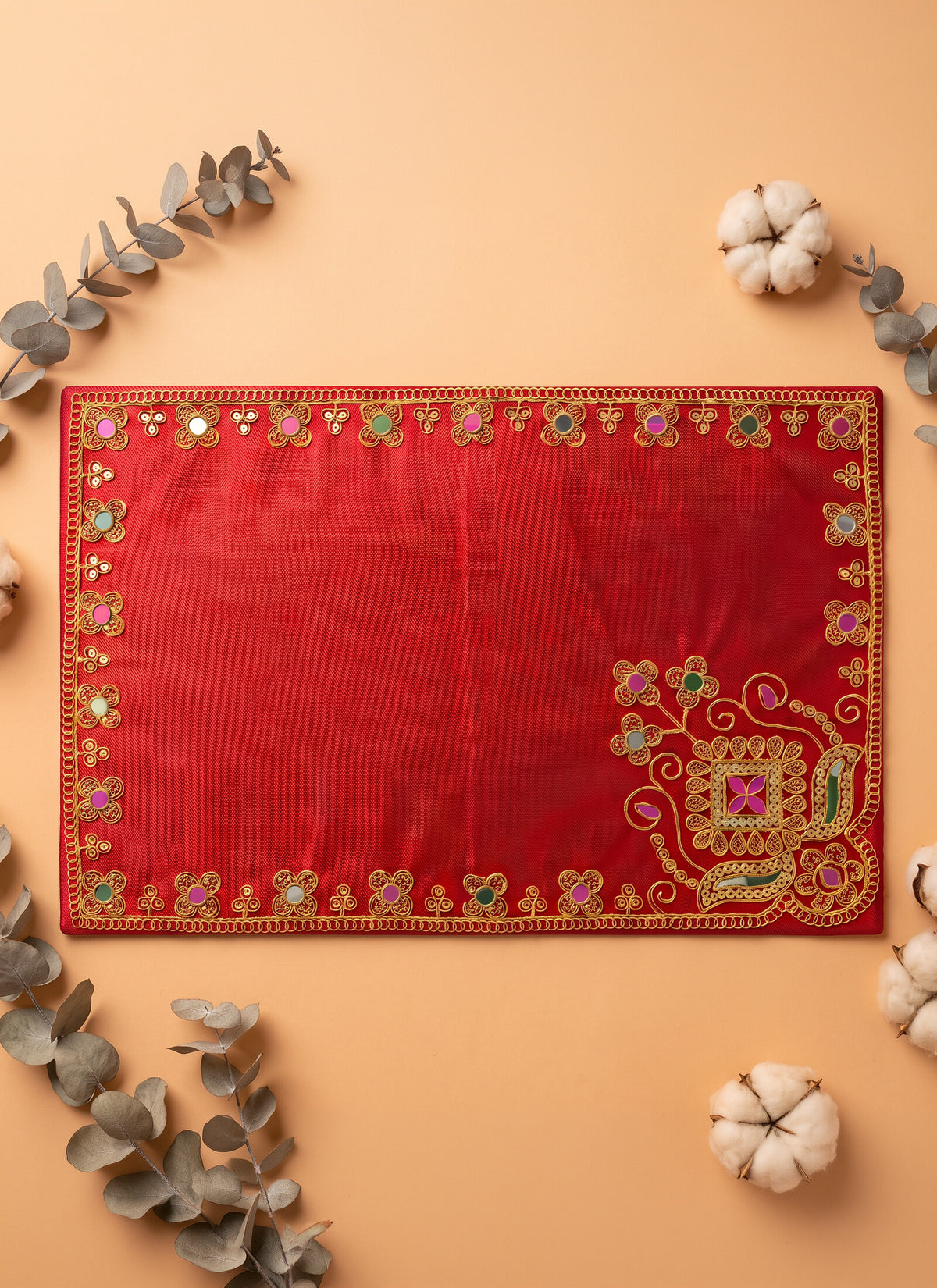 Madhoor Velvet Flower Pooja Aasan Red 12 x 18 Inches