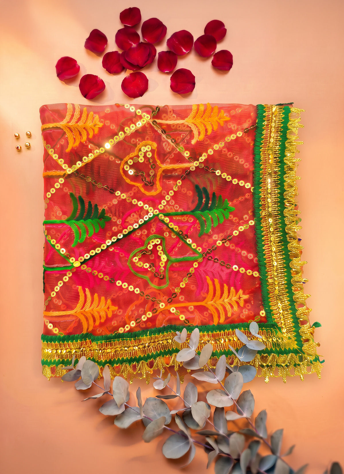Madhoor Phulkari Deity Idol Chunri Red 1m
