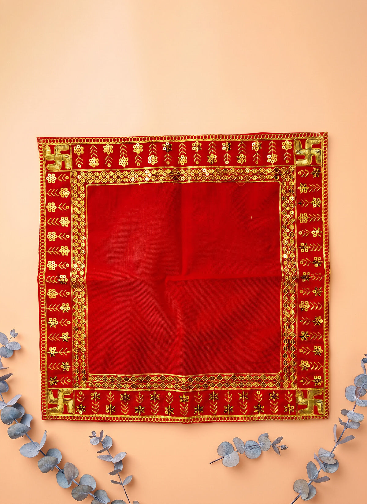 Madhoor Velvet Flower Swastik Pooja Aasan Red 16 x 16 Inches