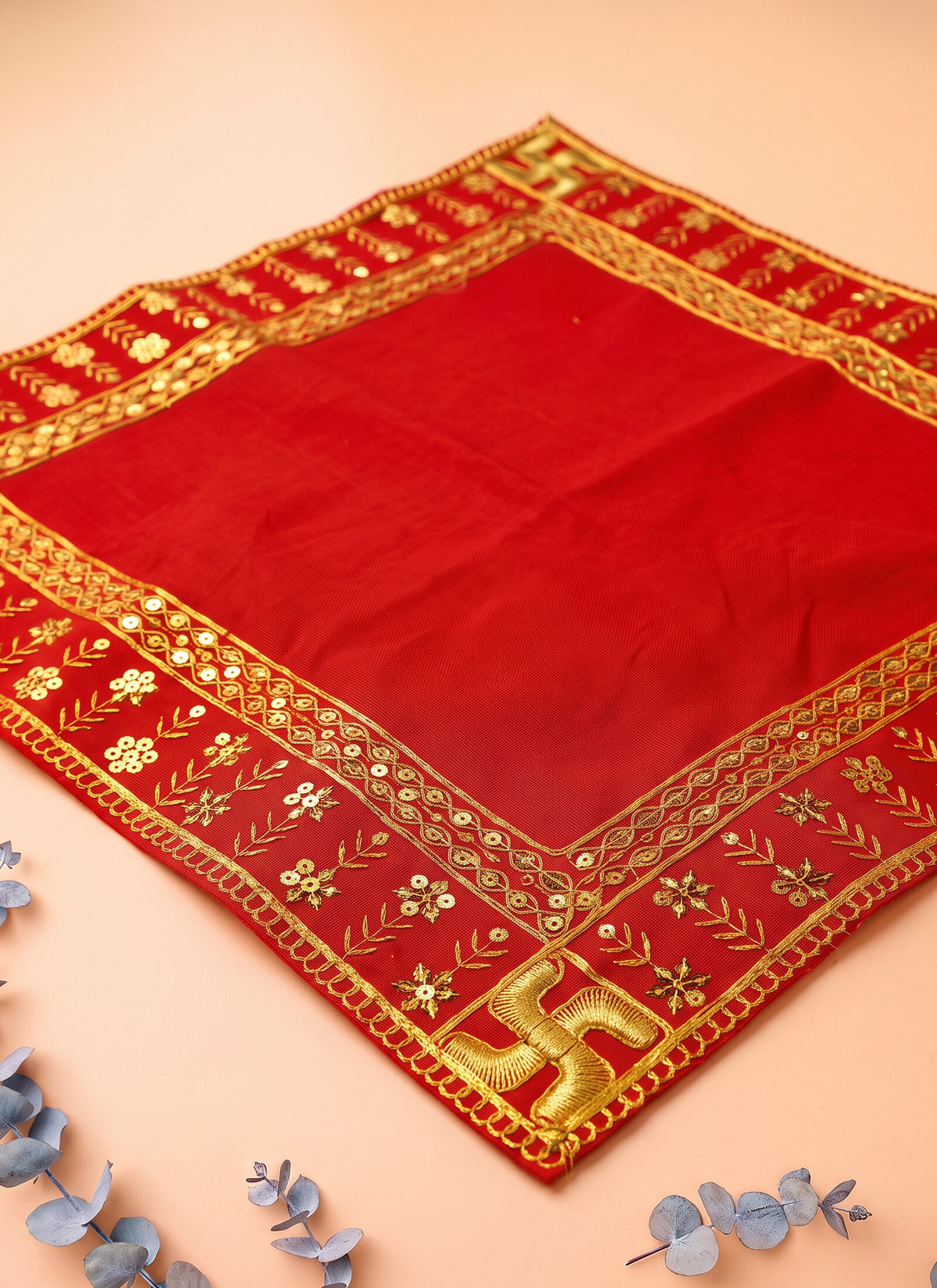 Madhoor Velvet Flower Swastik Pooja Aasan Red 16 x 16 Inches