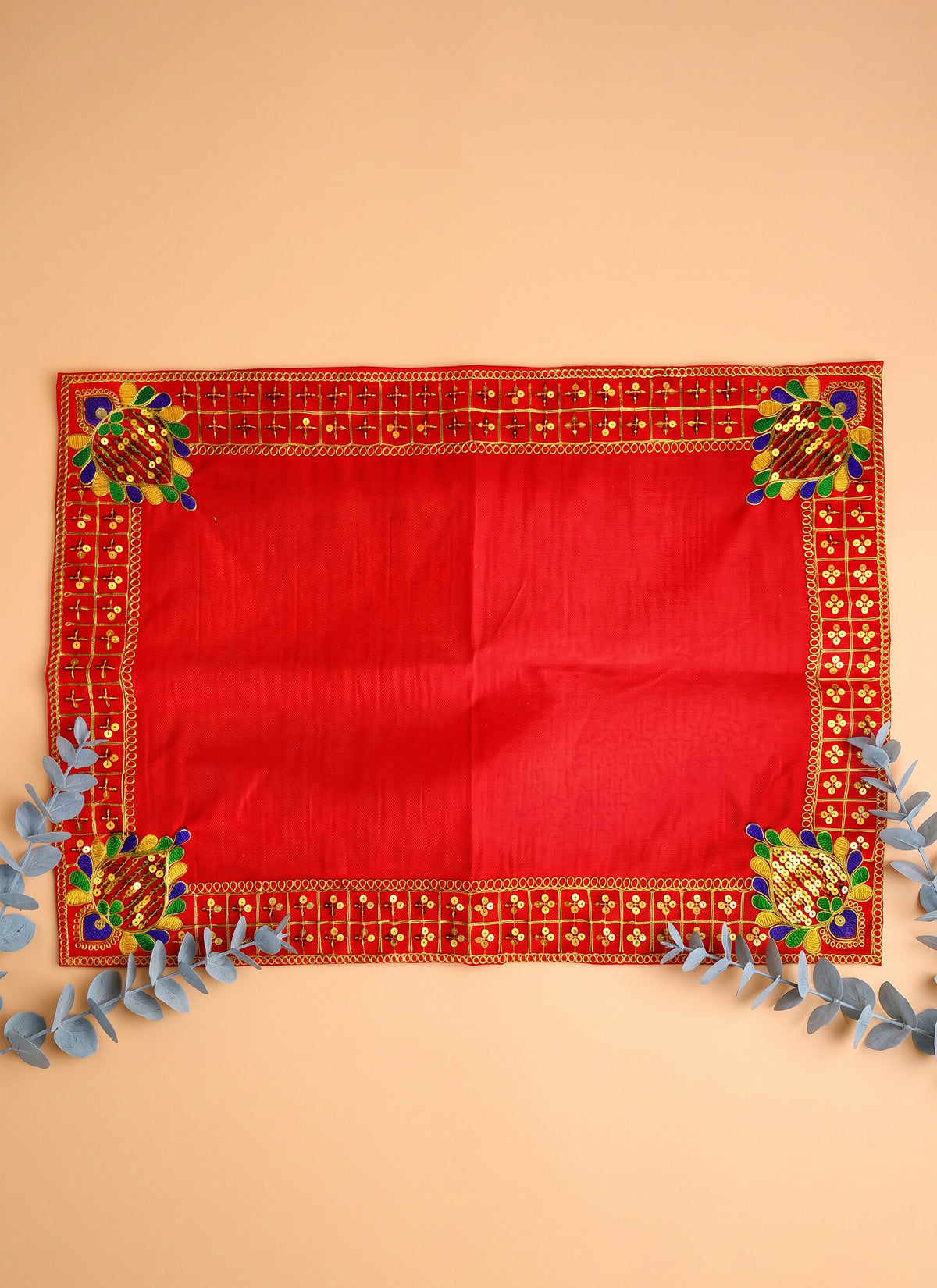 Madhoor Velvet Zari Grid Pooja Aasan Red 16 x 22 Inches
