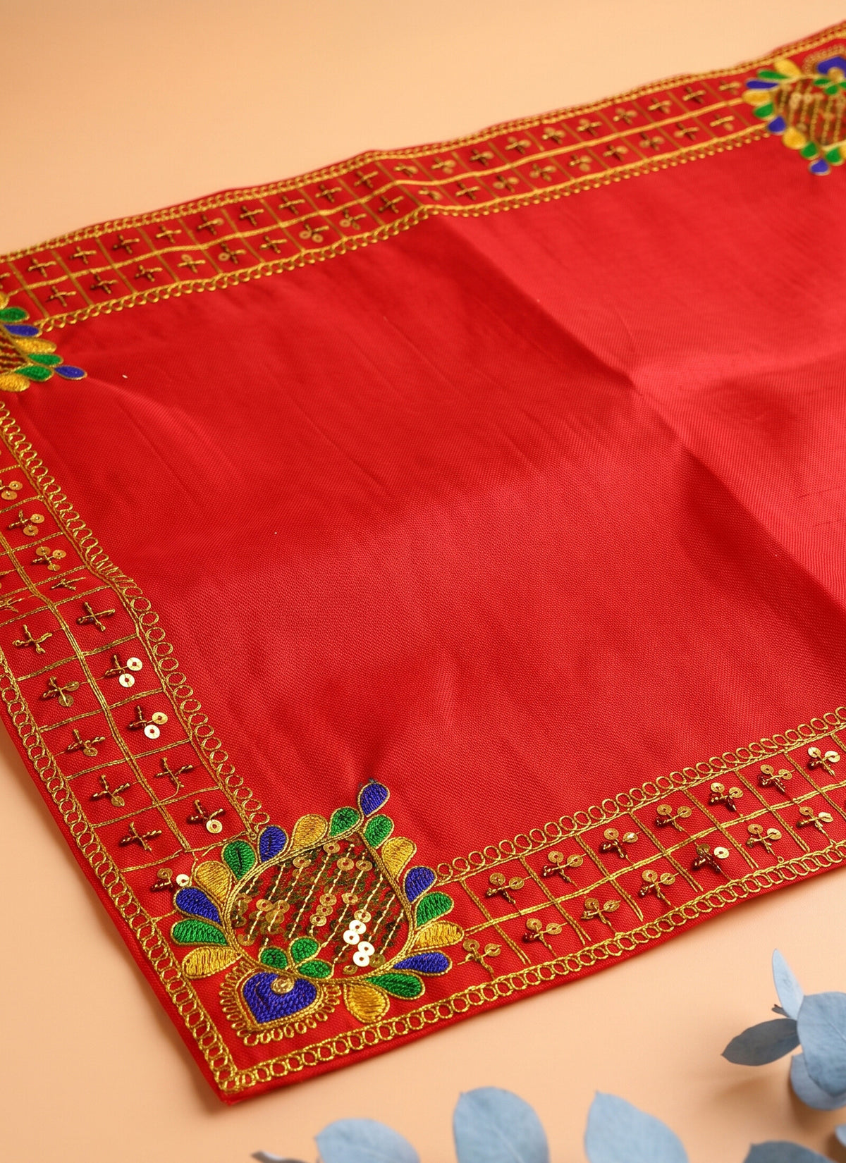Madhoor Velvet Zari Grid Pooja Aasan Red 16 x 22 Inches