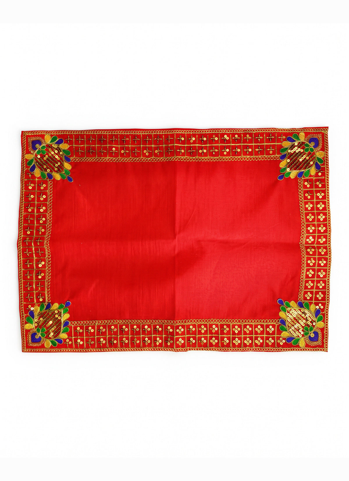 Madhoor Velvet Zari Grid Pooja Aasan Red 16 x 22 Inches