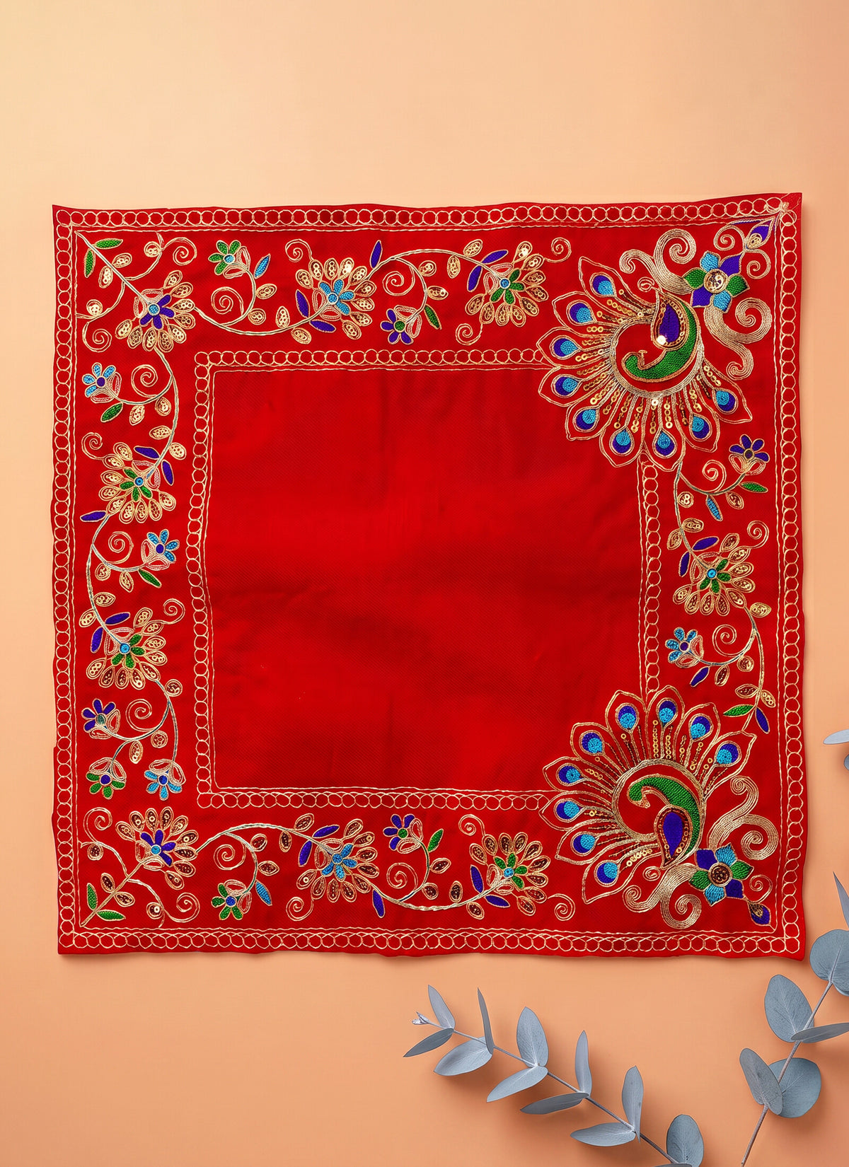 Madhoor Velvet Zardozi Pooja Aasan Red 13 x 20 Inches