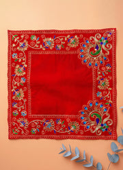 Madhoor Velvet Peacock Pooja Aasan Multicolour Red 16 x 16 Inches