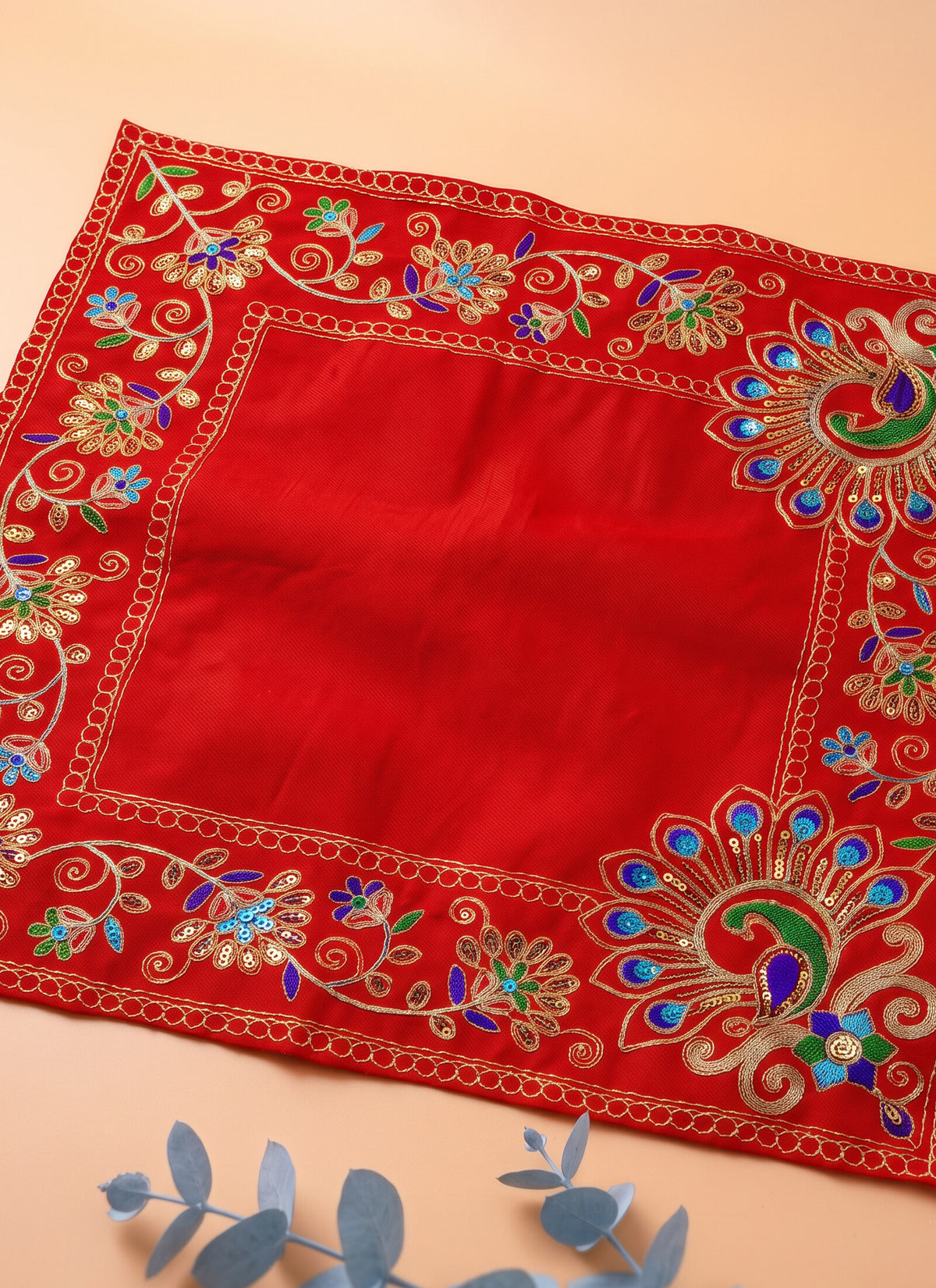Madhoor Velvet Peacock Pooja Aasan Multicolour Red 16 x 16 Inches