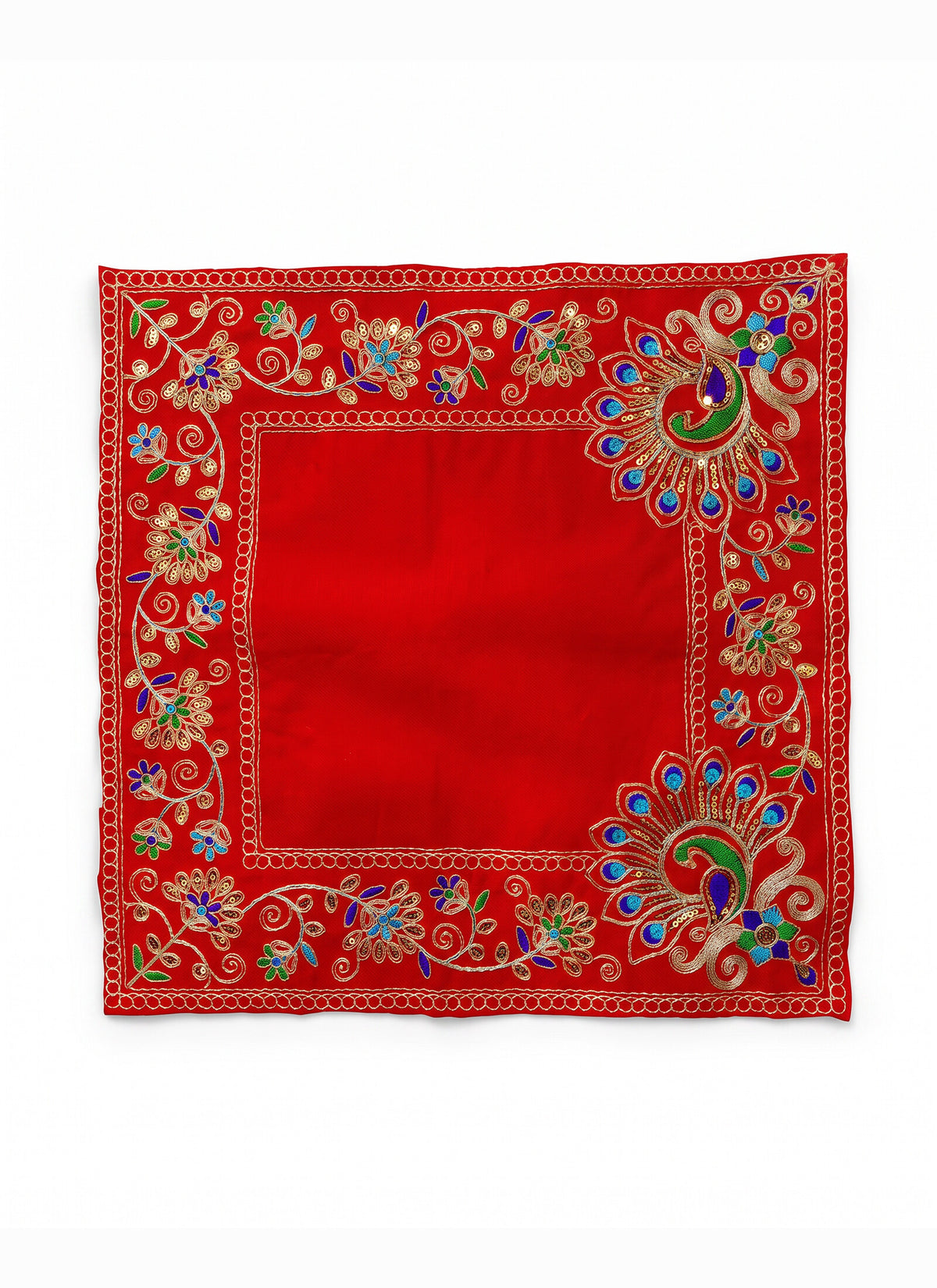Madhoor Velvet Peacock Pooja Aasan Multicolour Red 16 x 16 Inches