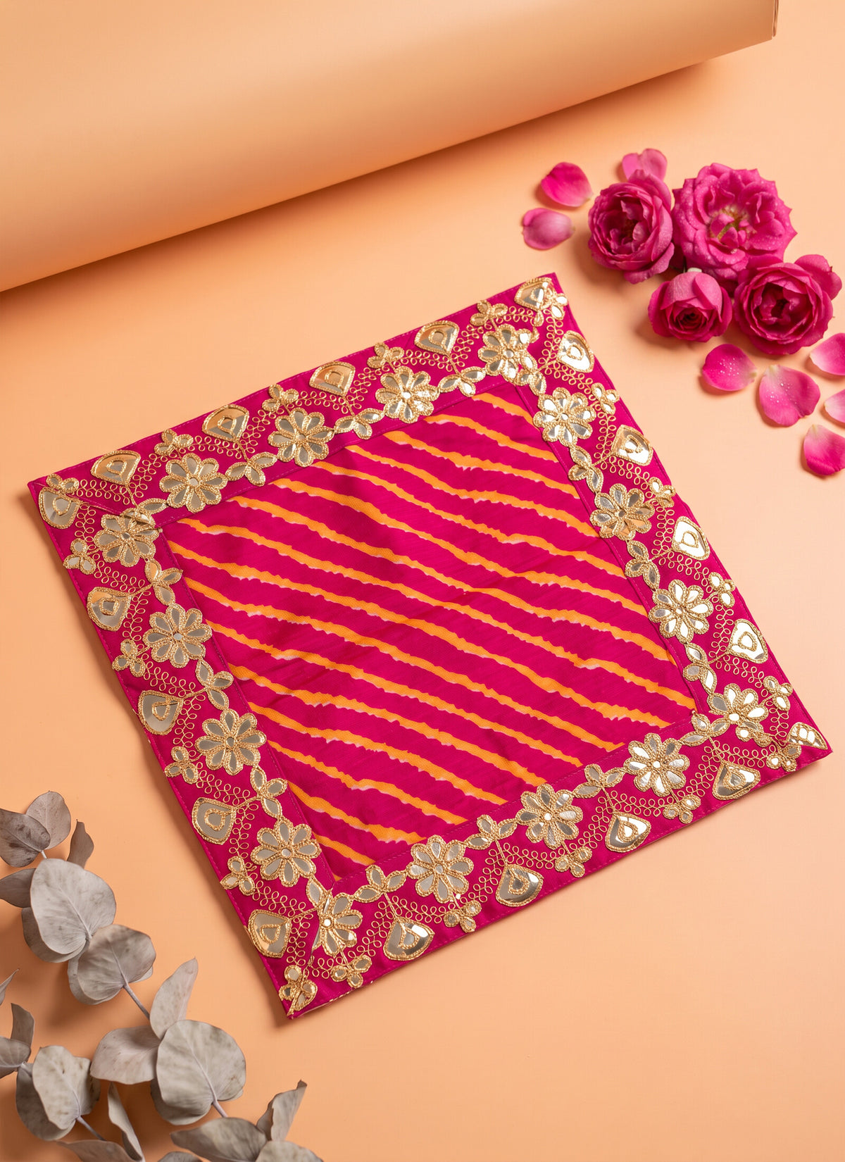 Madhoor Gota Pooja Chowki Aasan Red 16 x 16 Inches