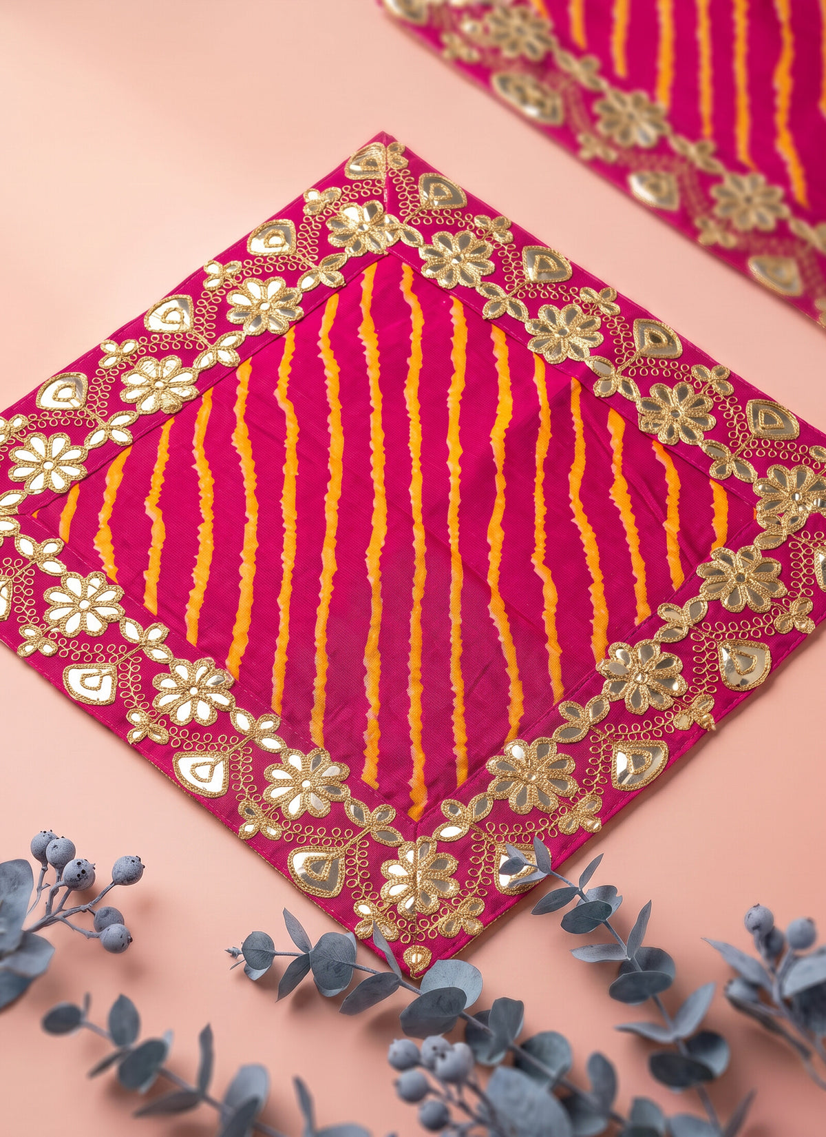 Madhoor Gota Pooja Chowki Aasan Red 16 x 16 Inches