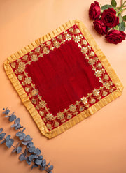 Madhoor Velvet Pooja Chowki Aasan Red 18 x 18 Inches