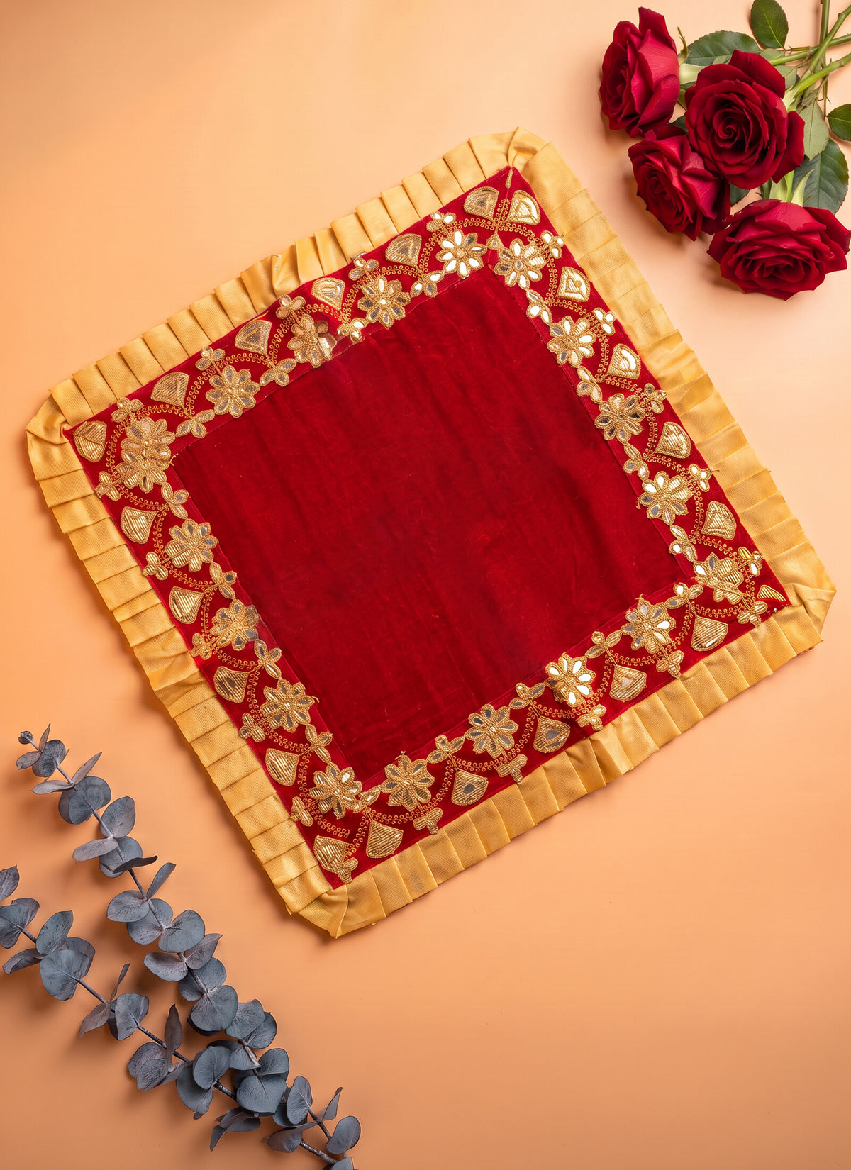 Madhoor Velvet Pooja Chowki Aasan Red 18 x 18 Inches