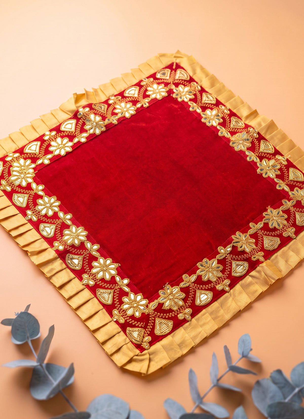 Madhoor Velvet Pooja Chowki Aasan Red 18 x 18 Inches