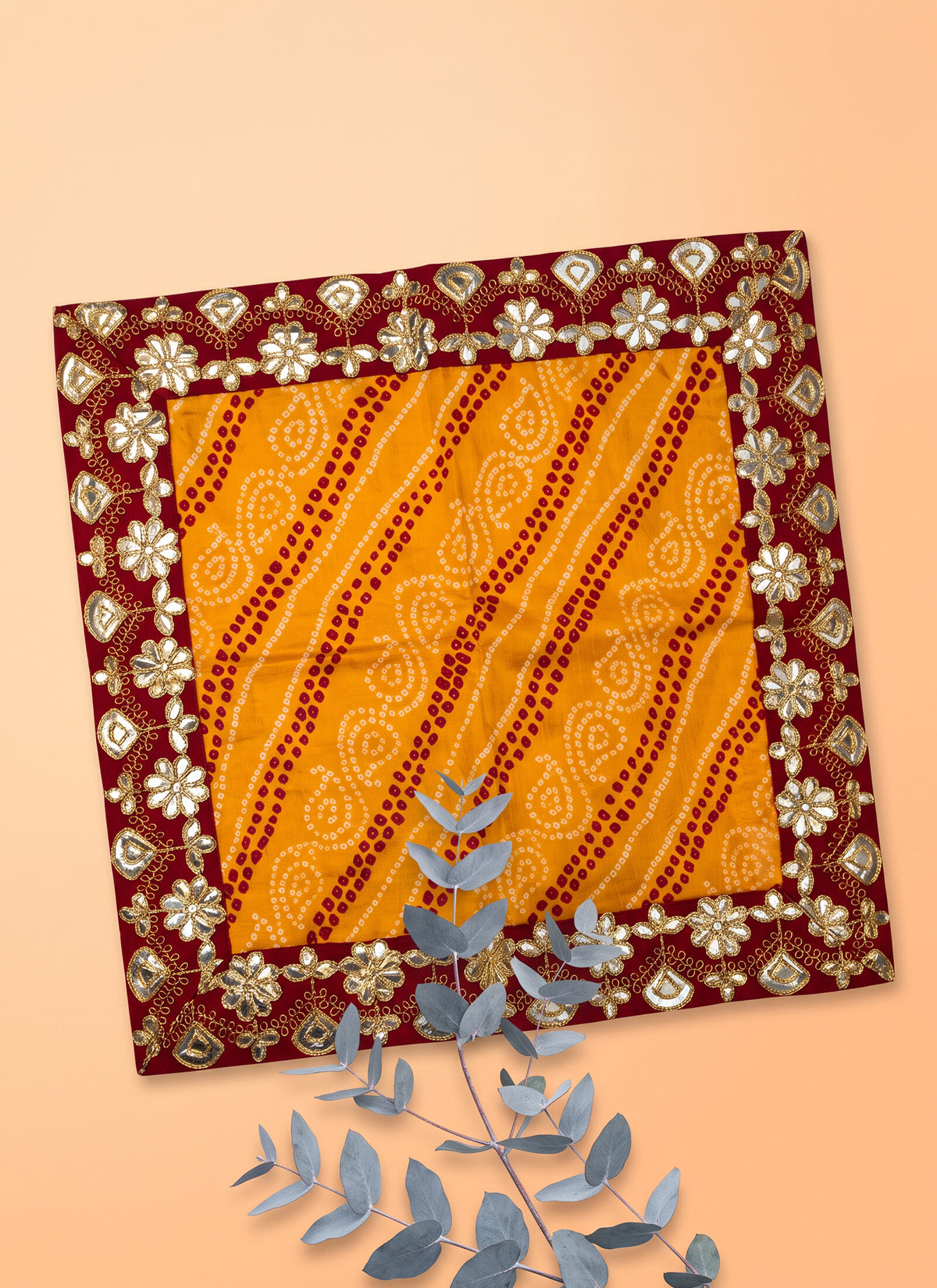 Madhoor Tie Dye Pooja Chowki Aasan Red Yellow 20 x 20 Inches