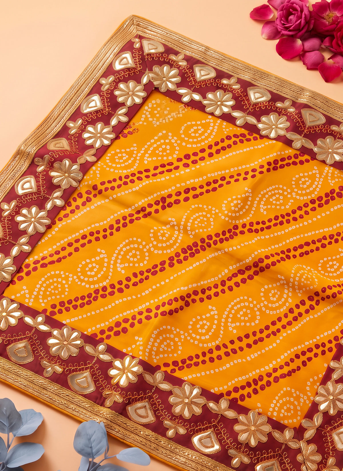 Madhoor Tie Dye Pooja Chowki Aasan Red Yellow 20 x 20 Inches
