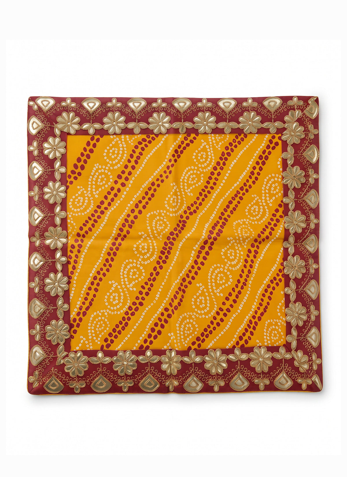 Madhoor Tie Dye Pooja Chowki Aasan Red Yellow 20 x 20 Inches