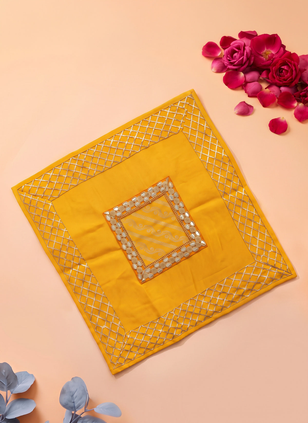 Madhoor Gota Pooja Chowki Aasan Yellow 24 x 24 Inches