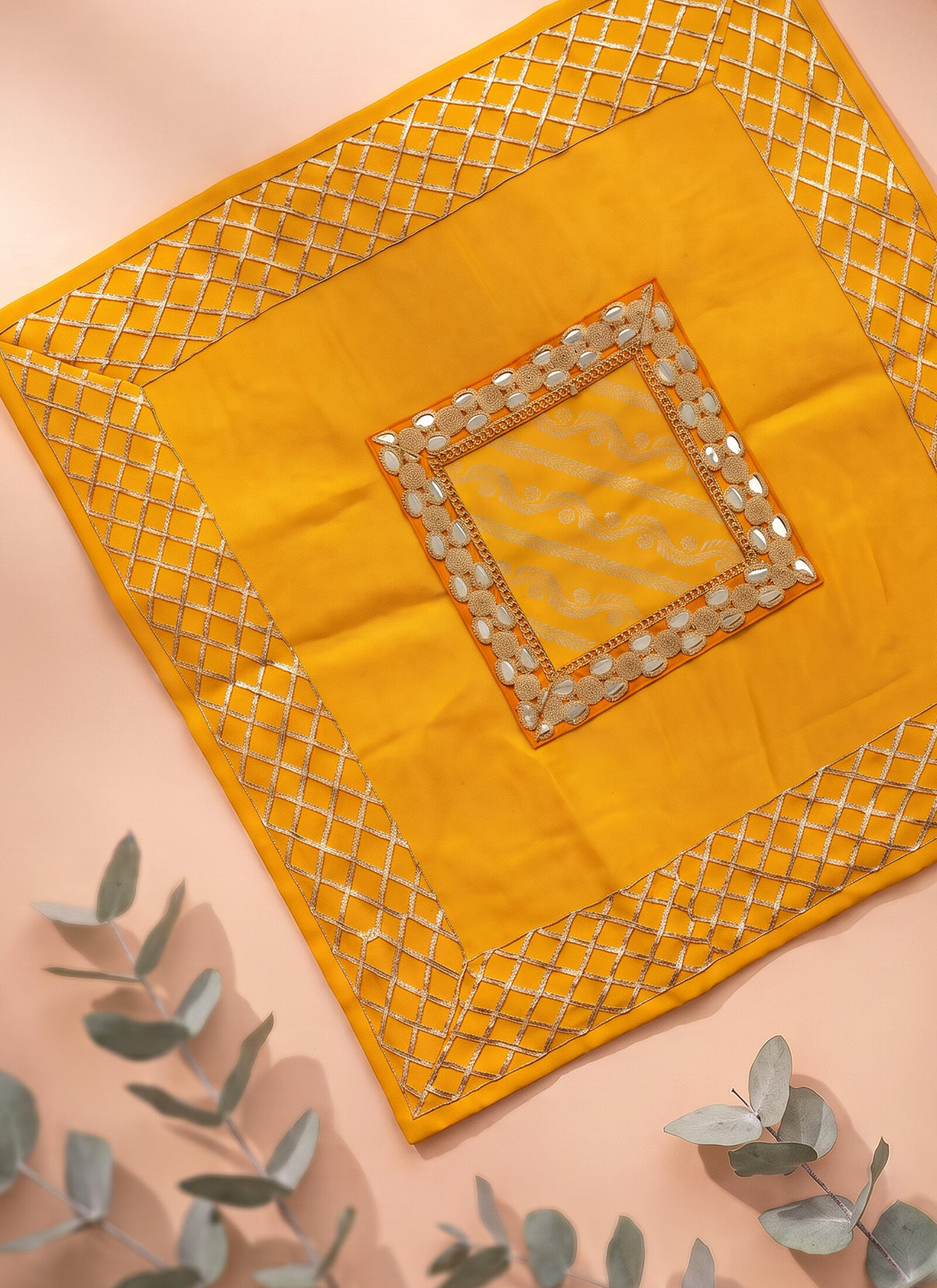 Madhoor Gota Pooja Chowki Aasan Yellow 24 x 24 Inches