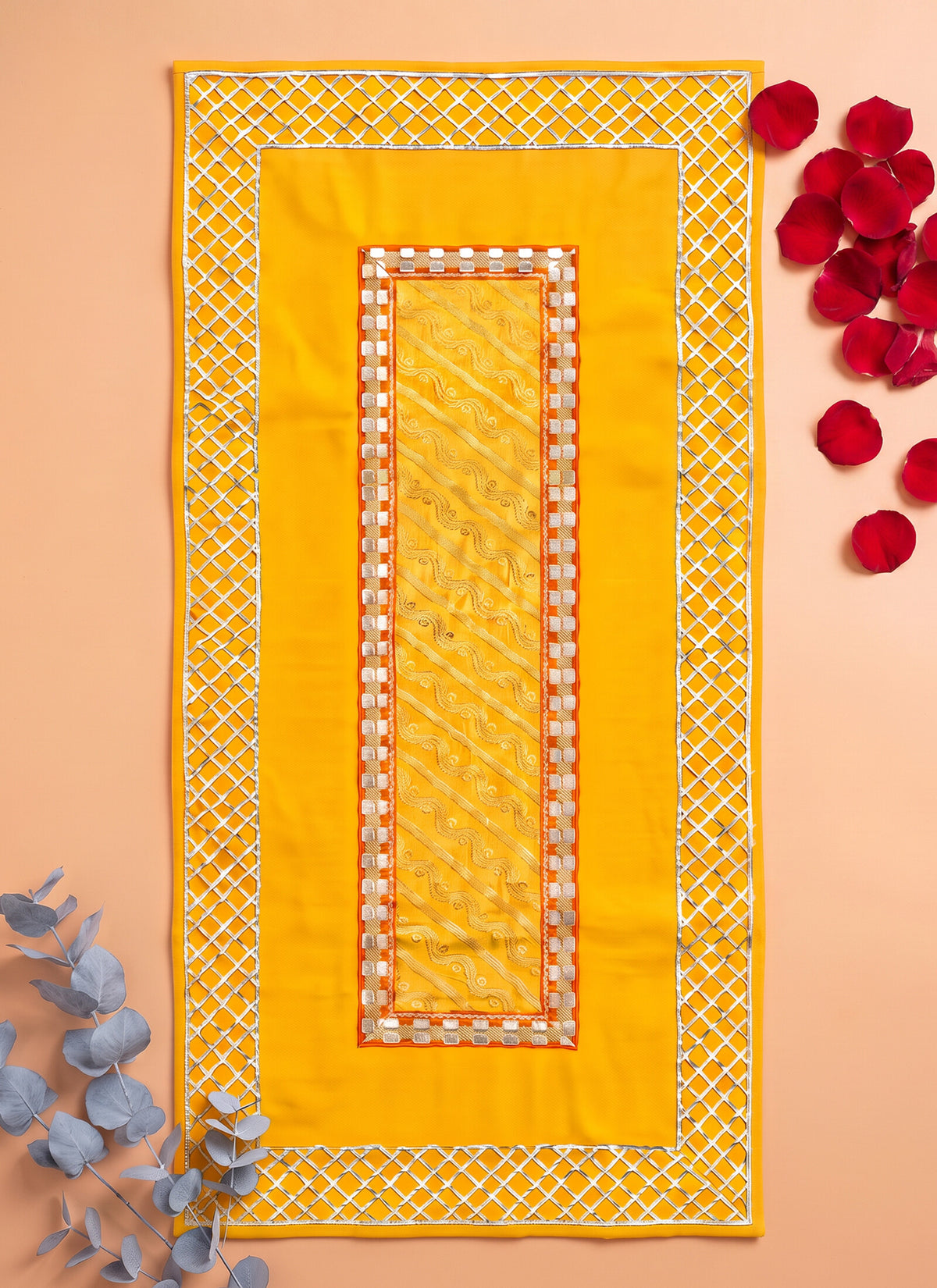 Madhoor Gota Pooja Chowki Aasan Yellow 24 x 48 Inches