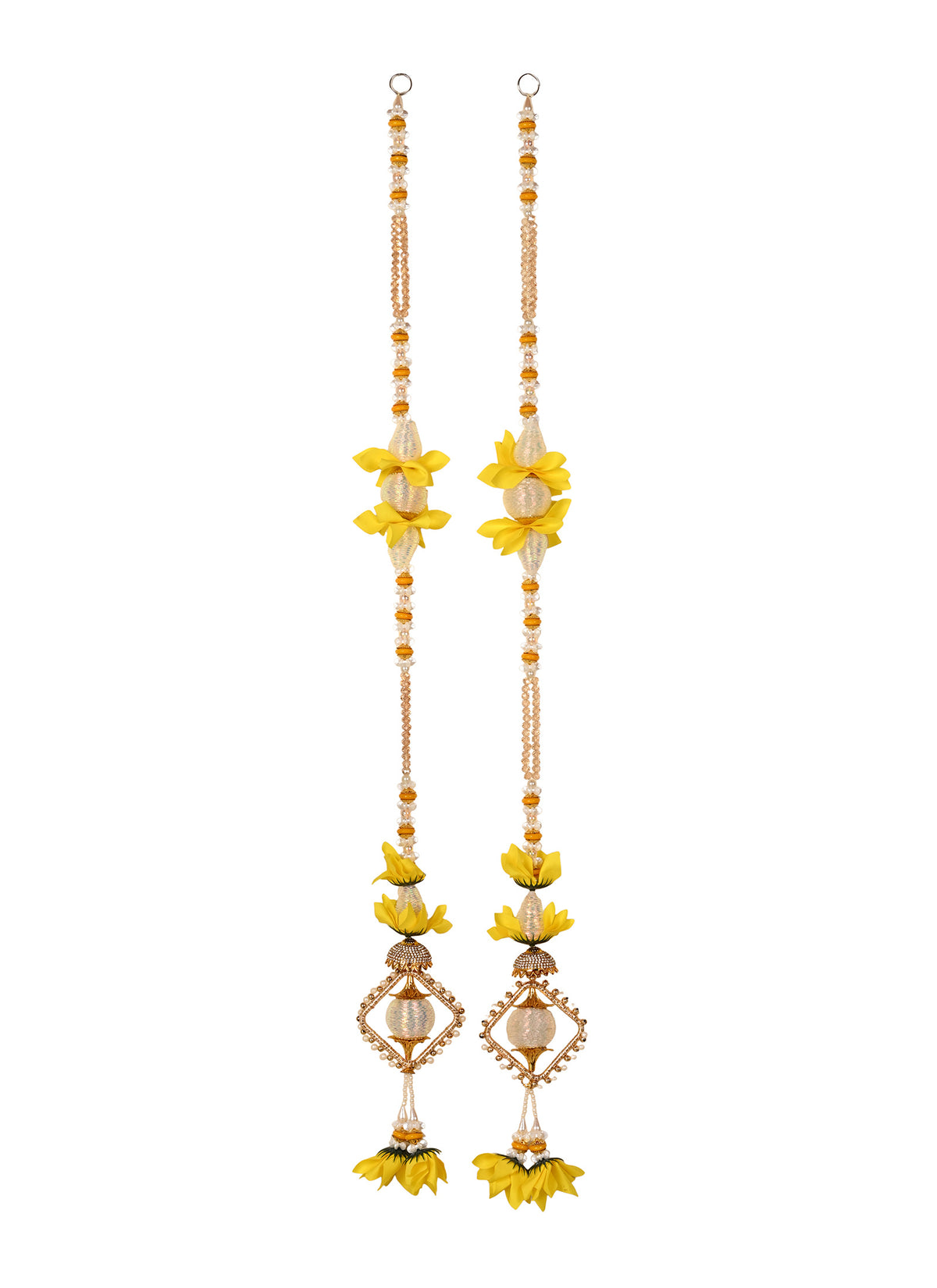 Madhoor Crystal Pearl Flower Latkan Yellow 3 Feet Set of 2