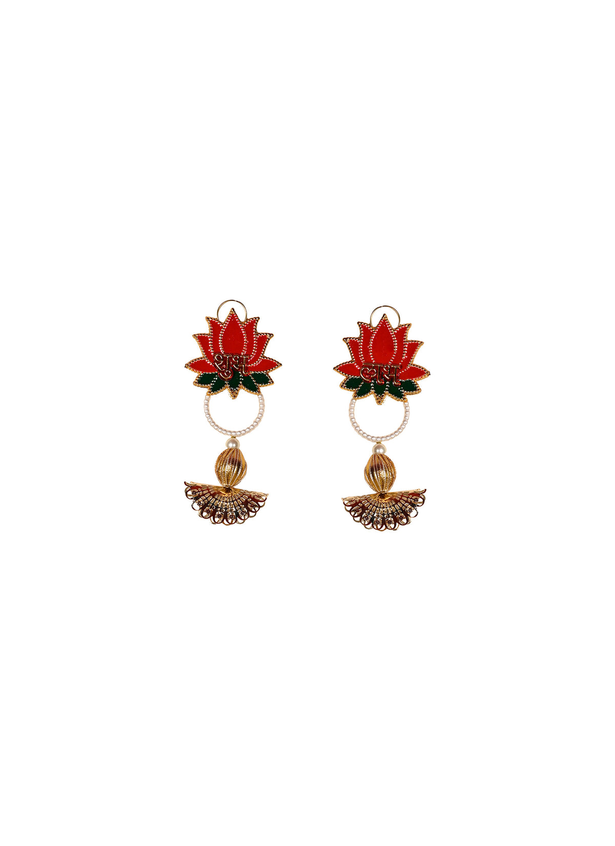 Madhoor Pearl Lotus Shubh Labh Hanging Gold-Tone Red Green 1 Pair
