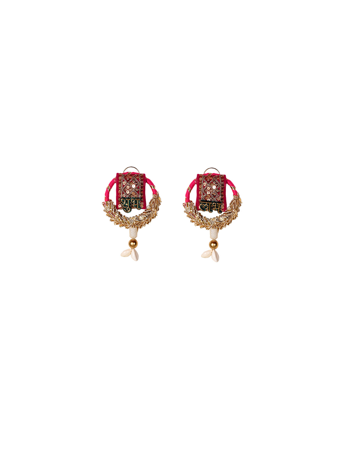 Madhoor Shell Tassel Pair Shubh Labh Hanging Gold-Tone Pink Green