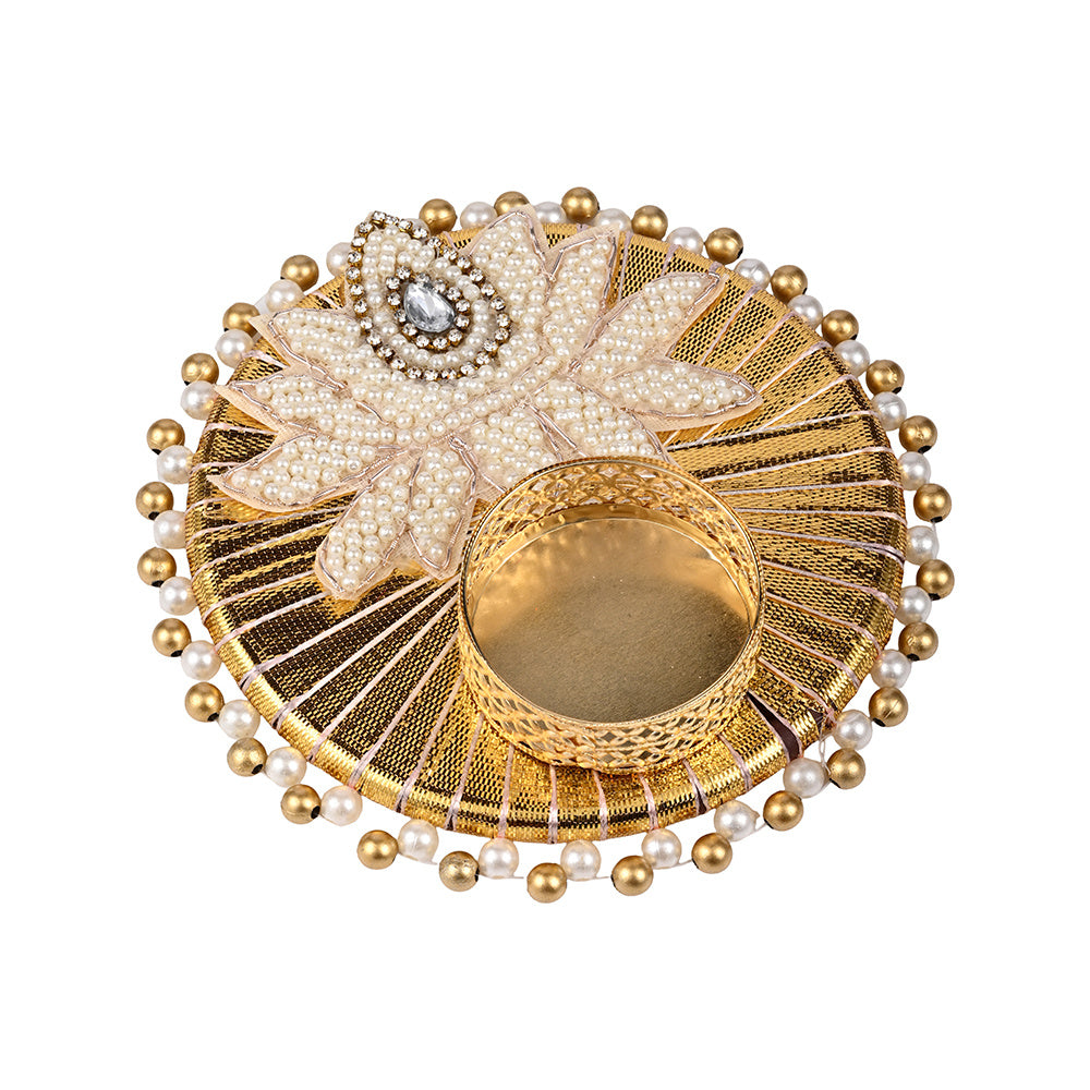 Madhoor Pearl Lotus Tealight Holder Gold-Tone White 1 Piece