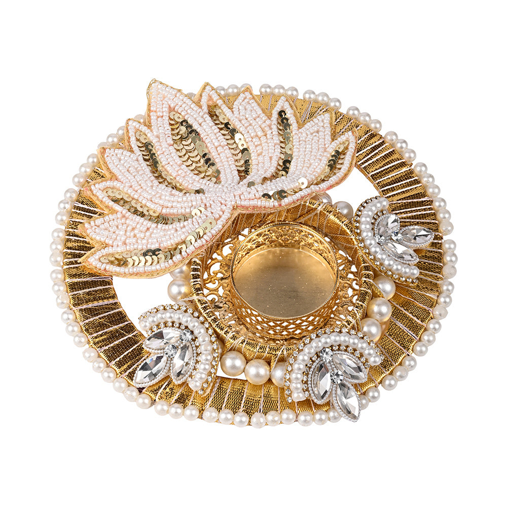 Madhoor Pearl Lotus Tealight Holder Gold-Tone White 6 Inches 1 Piece