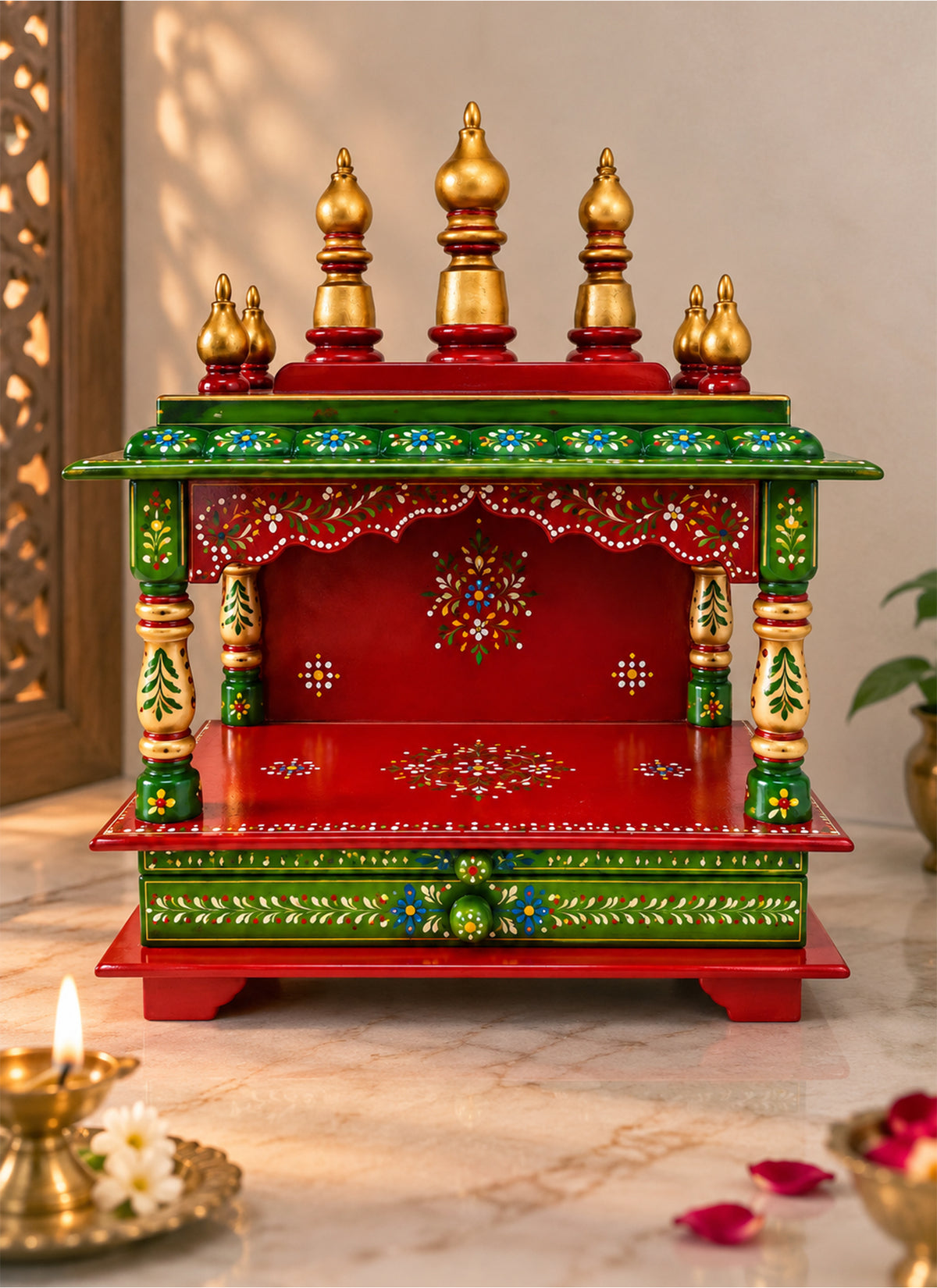 Madhoor Spire Home Temple Gold-Tone Red Green 15 x 8 x 18 Inches 1 Piece