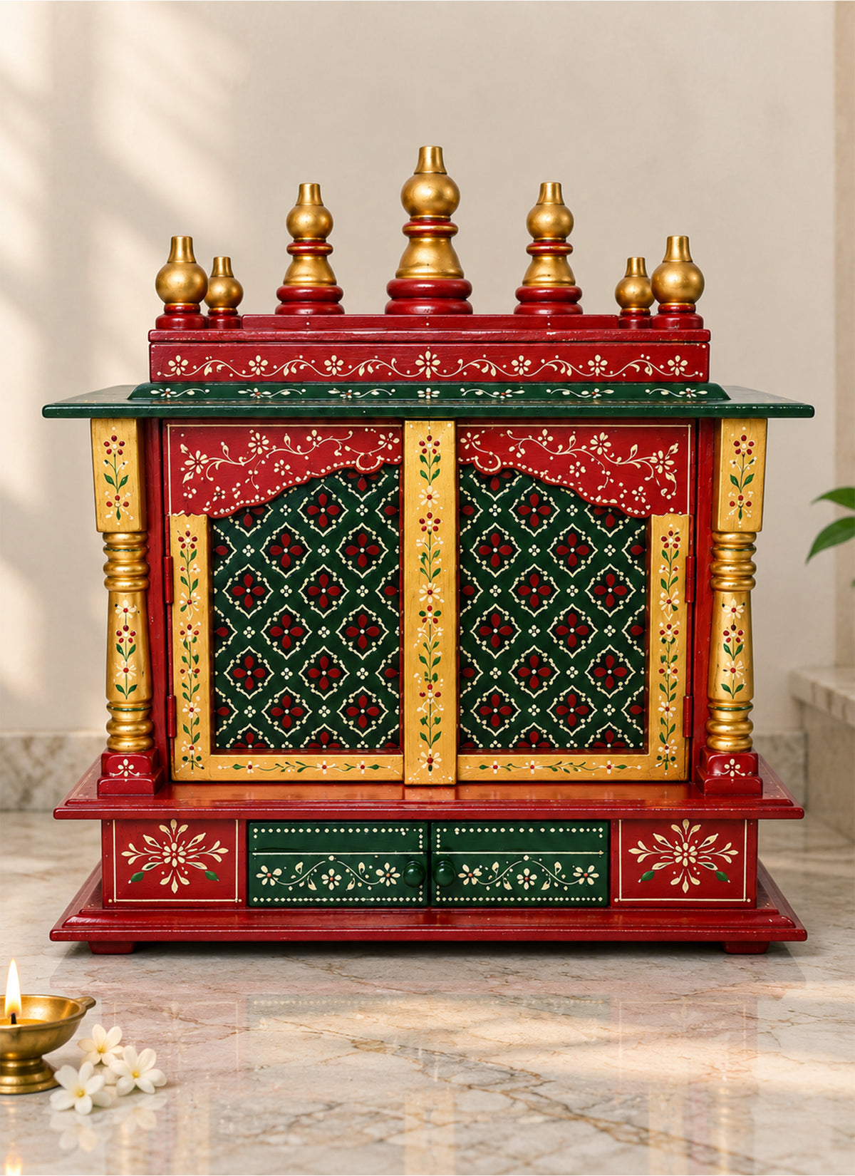 Madhoor Lattice Home Temple Gold-Tone Red Green 18 x 12 x 24 Inches 1 Piece