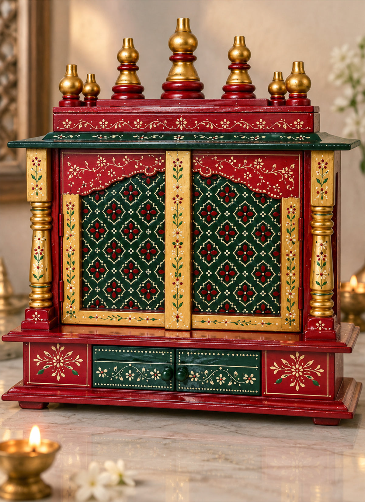 Madhoor Lattice Home Temple Gold-Tone Red Green 18 x 12 x 24 Inches 1 Piece