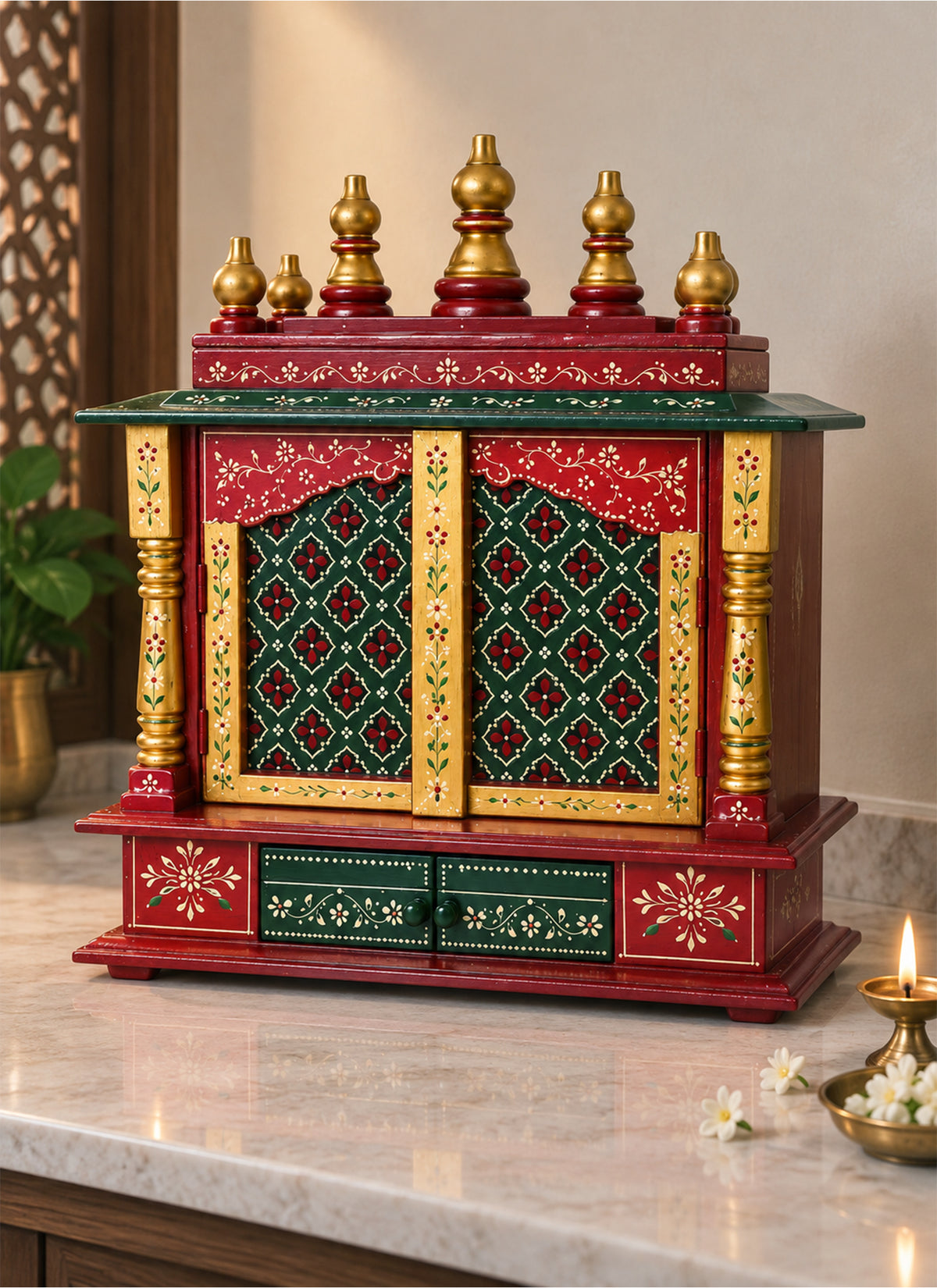 Madhoor Lattice Home Temple Gold-Tone Red Green 18 x 12 x 24 Inches 1 Piece