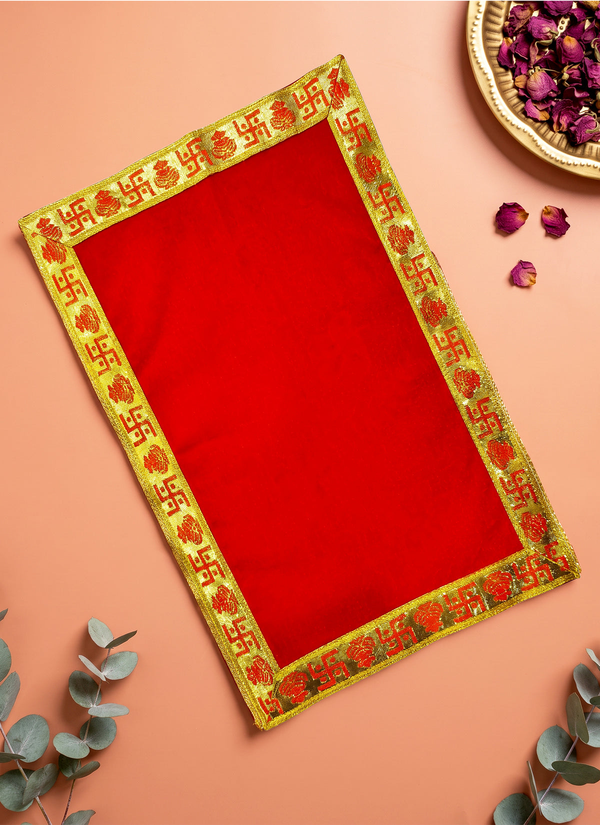 Madhoor Velvet Swastik Kalash Pooja Aasan Red 12 x 12 Inches