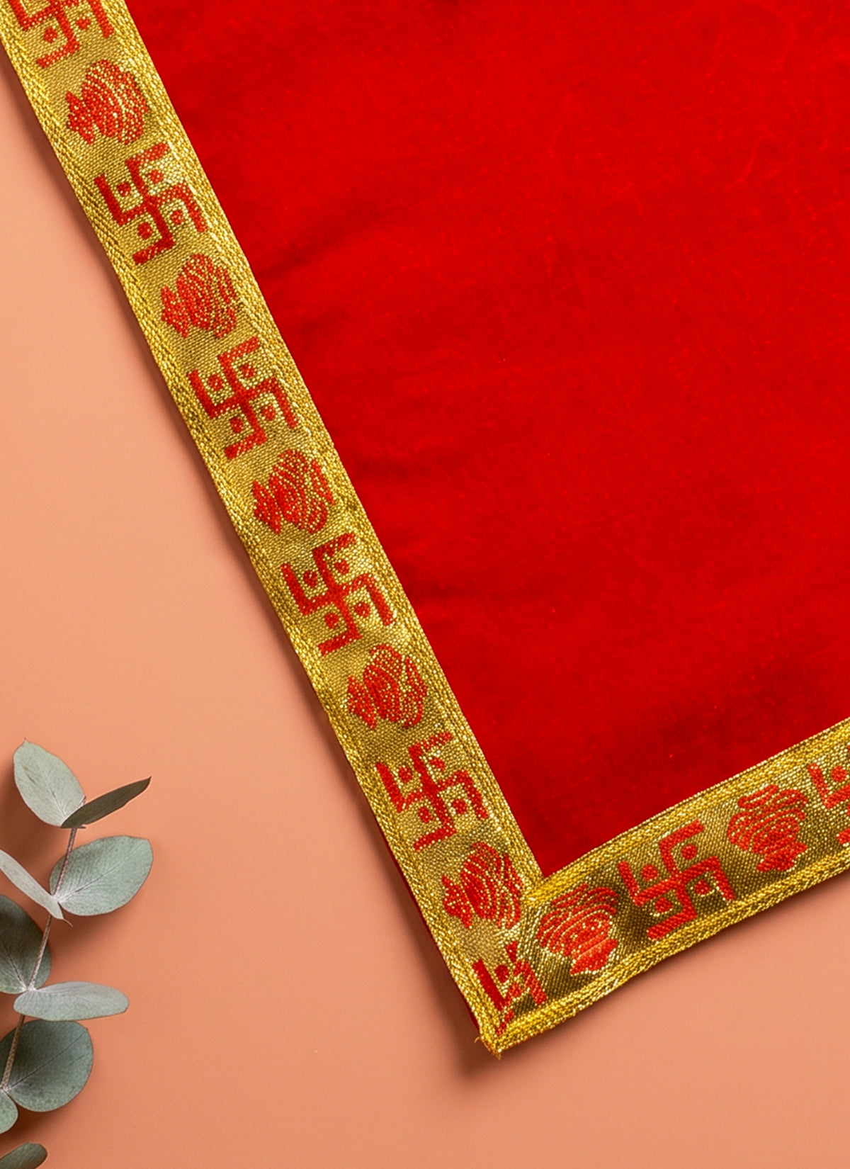 Madhoor Velvet Swastik Kalash Pooja Aasan Red 12 x 12 Inches