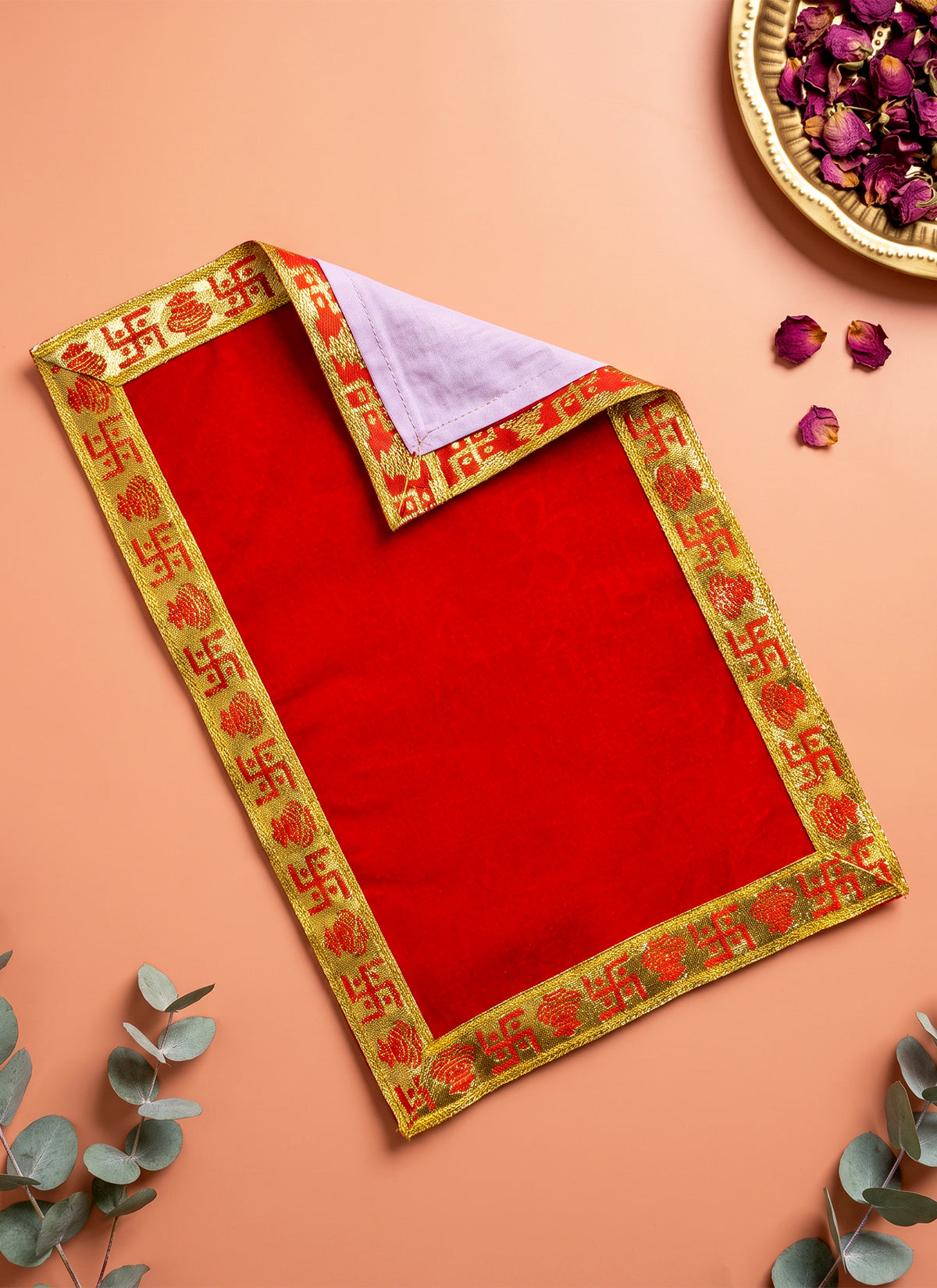 Madhoor Velvet Swastik Kalash Pooja Aasan Red 12 x 12 Inches