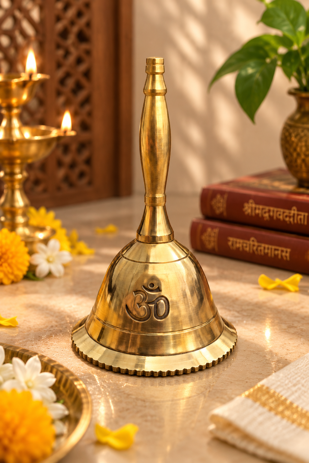 Madhoor Om Brass Pooja Bell Gold-Tone 1 Piece