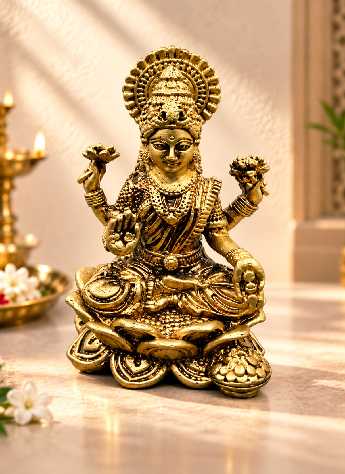 Madhoor Lakshmi Brass Deity Idol Gold-Tone 48 mm 1 Piece