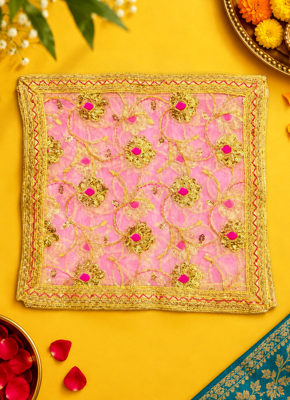 Madhoor Gota Flower Deity Idol Chunri Baby Pink 12 x 12 Inches