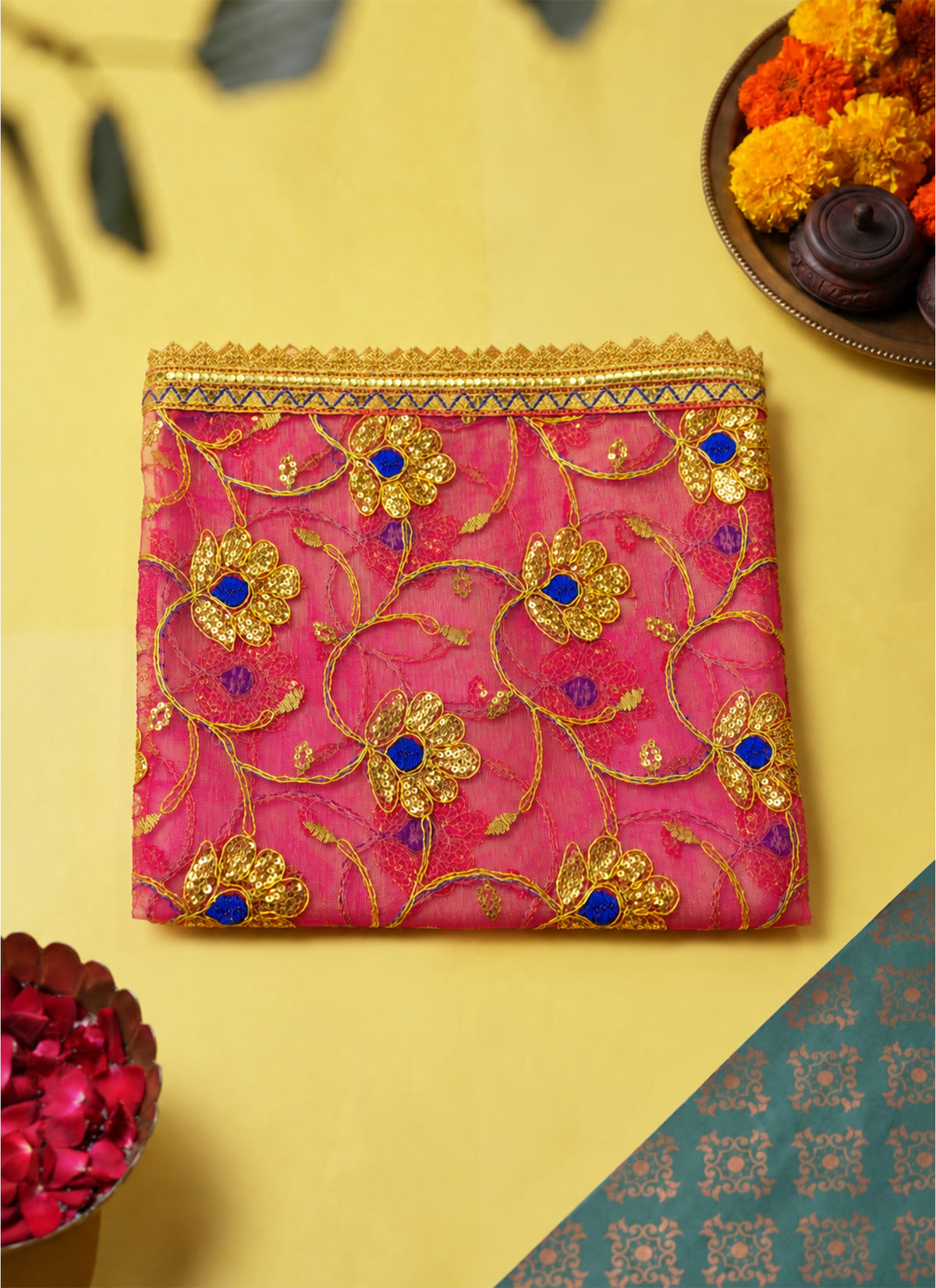 Madhoor Zari Jaal Deity Idol Chunri Dark Pink 13 x 20 Inches