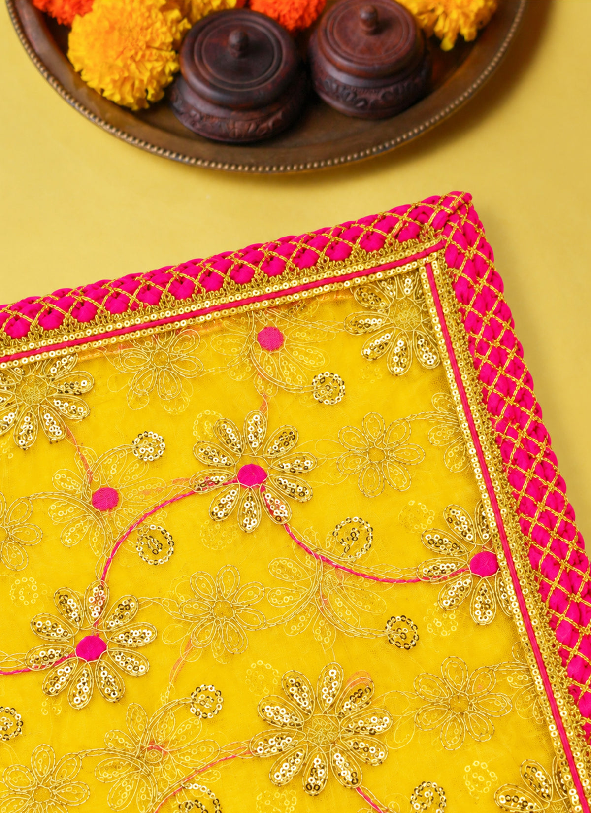 Madhoor Lace Deity Idol Chunri Yellow 13 x 20 Inches