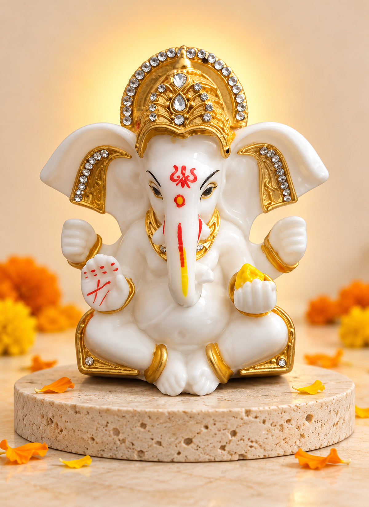 Madhoor Ganesha Deity Idol Gold-Tone Ivory 3.5 Inches 1 Piece