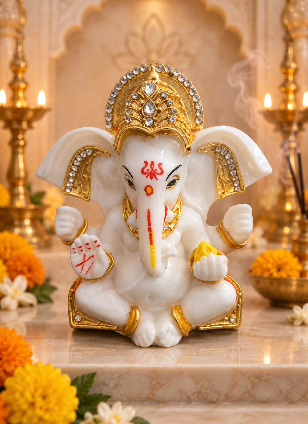 Madhoor Ganesha Deity Idol Gold-Tone Ivory 3.5 Inches 1 Piece